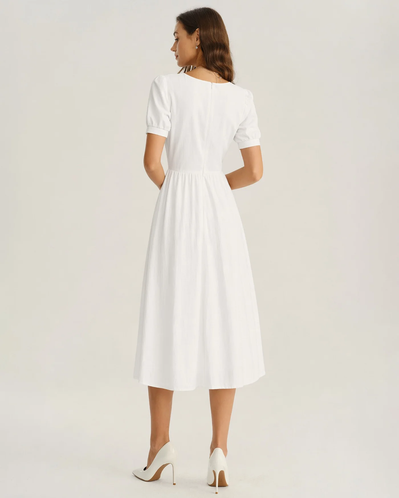 White Puffed Sleeve A-Line Midi Dress - Image 4