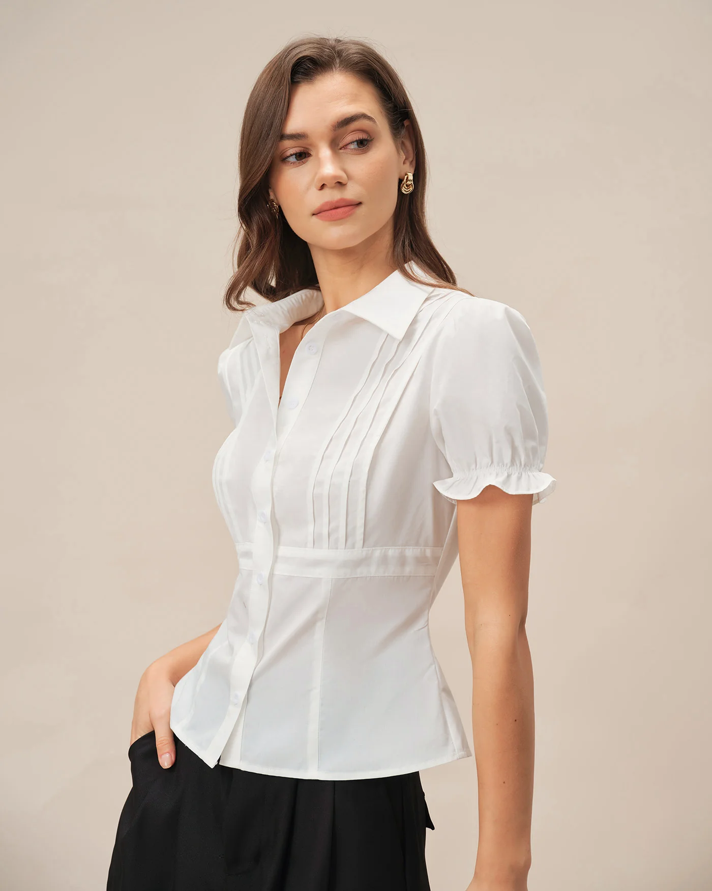 White Puffed Sleeve Collar Blouse - Image 3