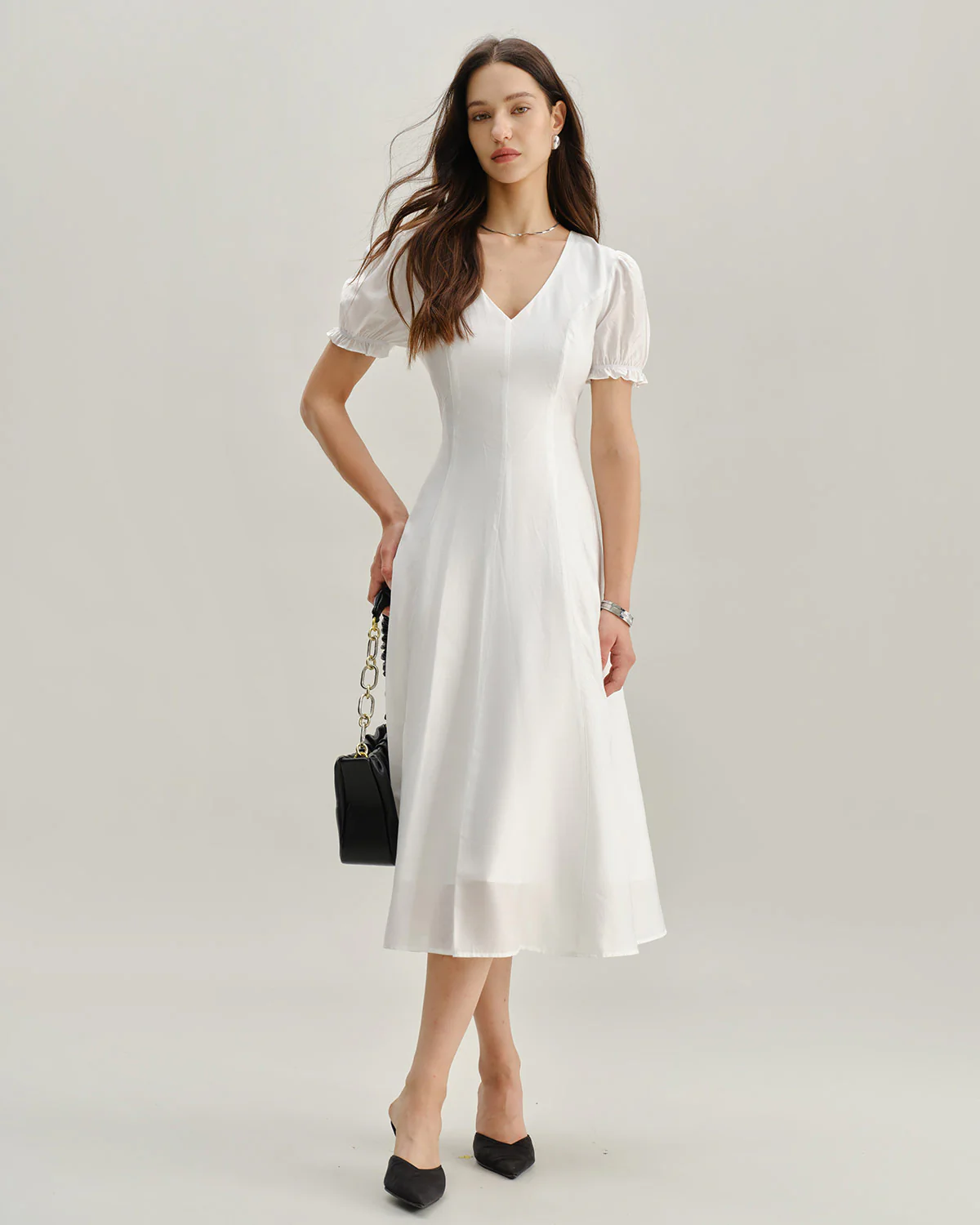 White Puffed Sleeve V Neck Midi Dress - Image 3