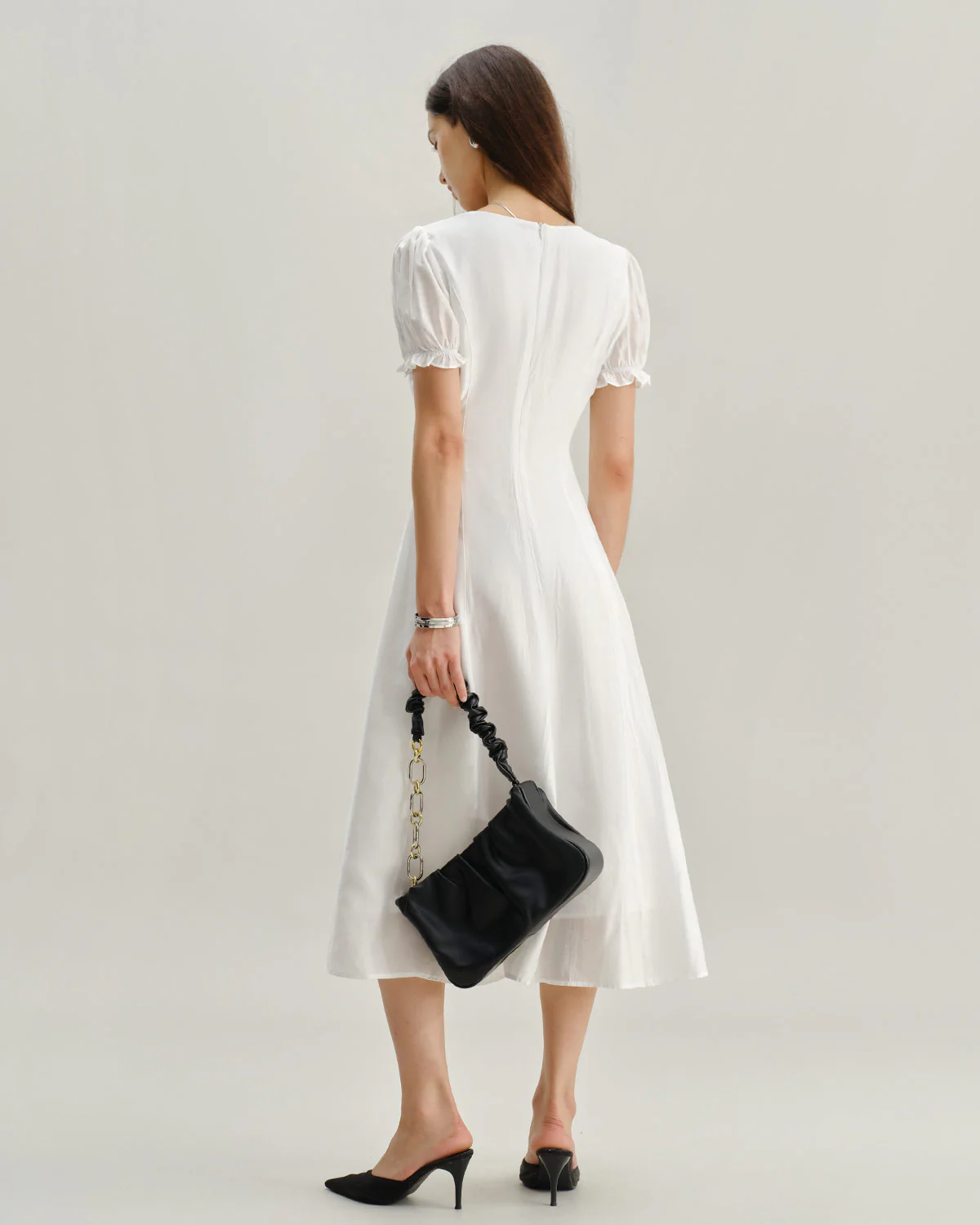 White Puffed Sleeve V Neck Midi Dress - Image 4