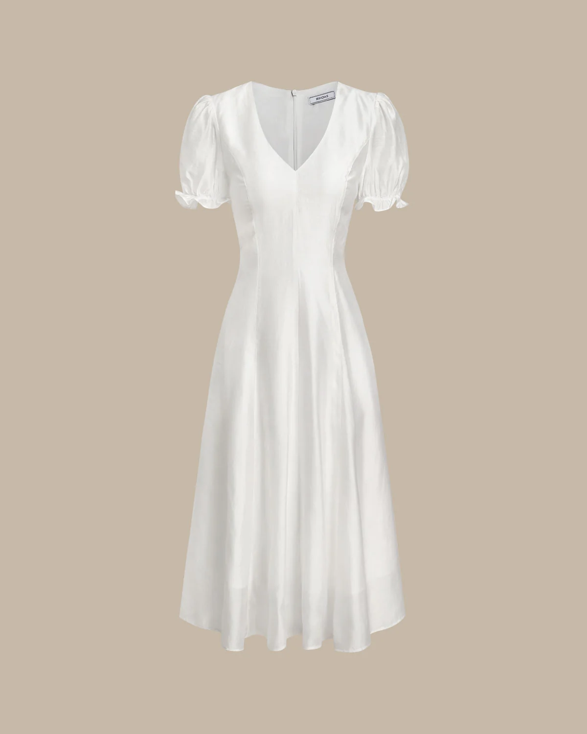 White Puffed Sleeve V Neck Midi Dress - Image 5