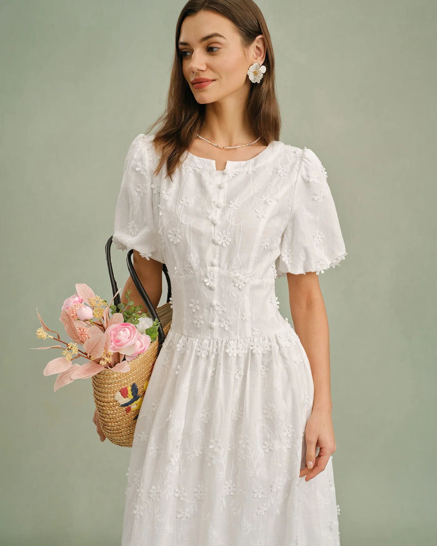 White Round Neck Floral Midi Dress - Image 2