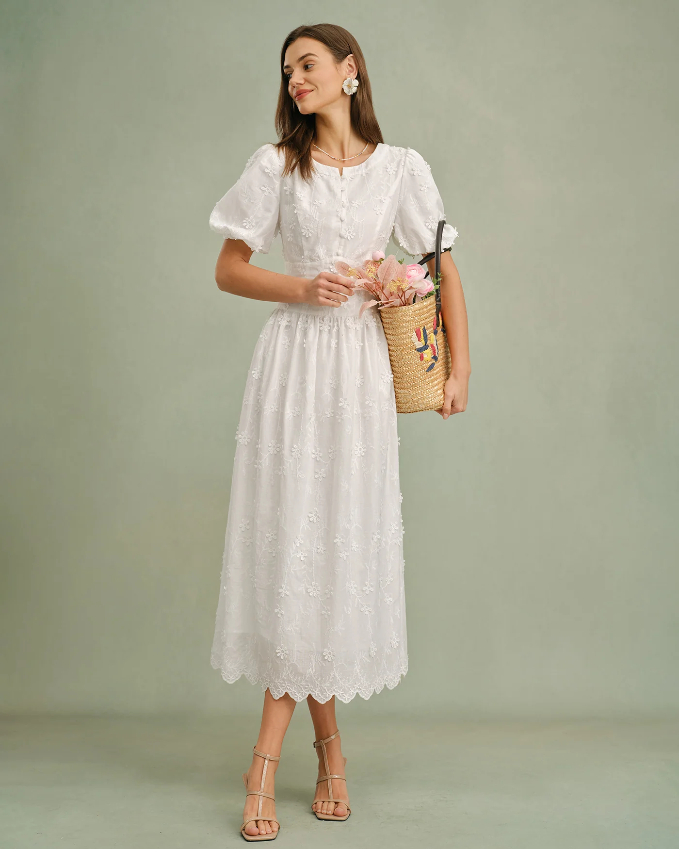 White Round Neck Floral Midi Dress - Image 5