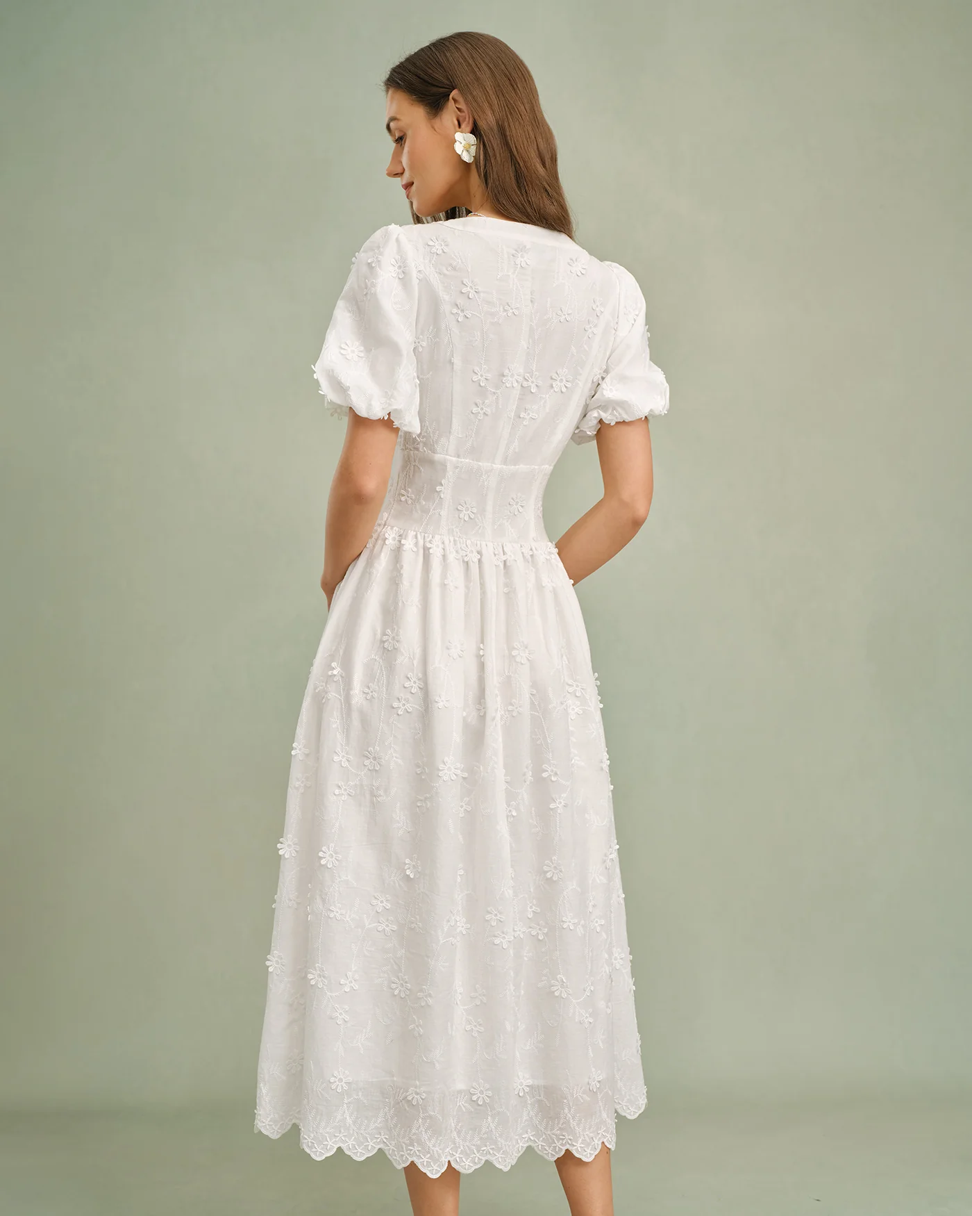 White Round Neck Floral Midi Dress - Image 6