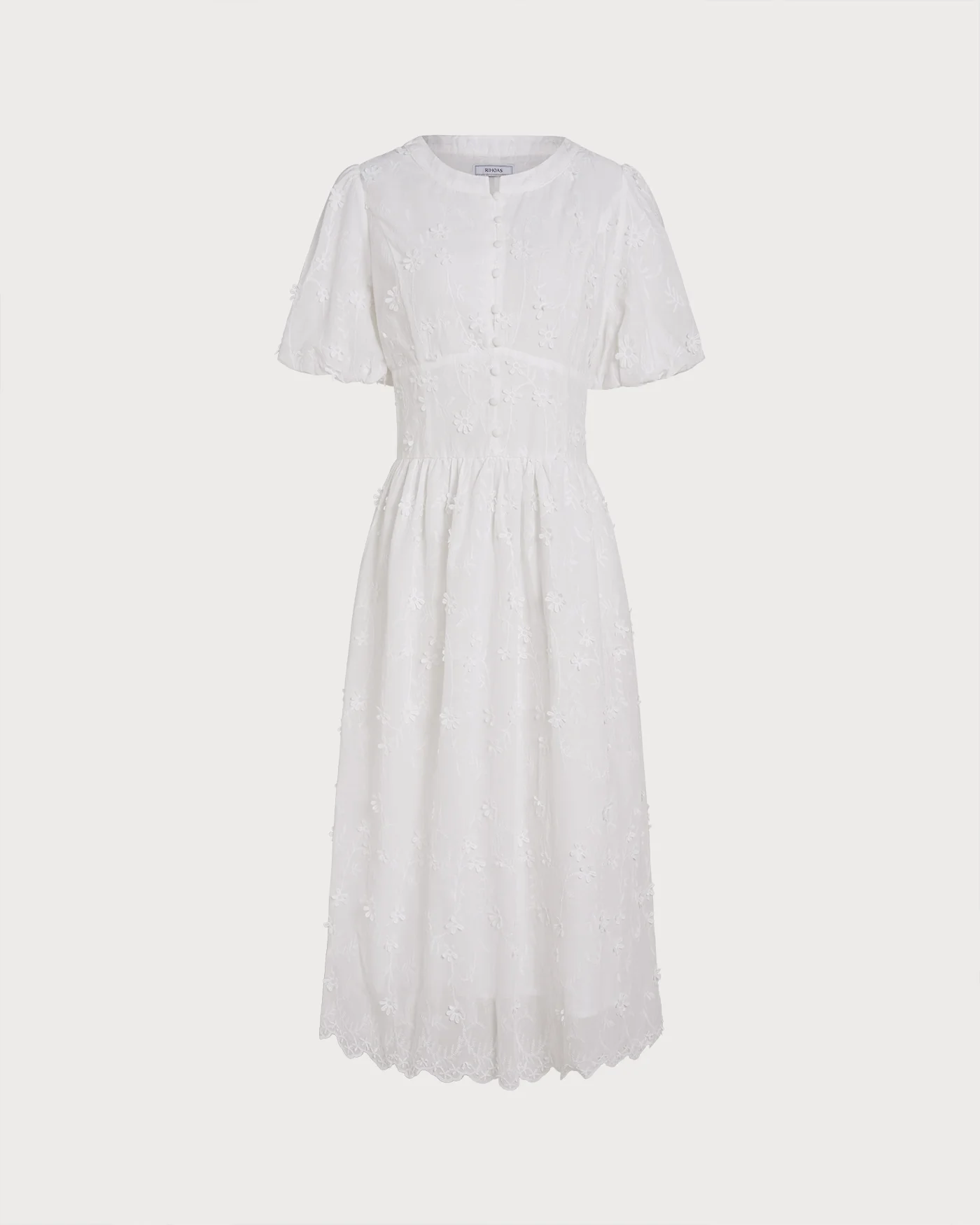 White Round Neck Floral Midi Dress - Image 8