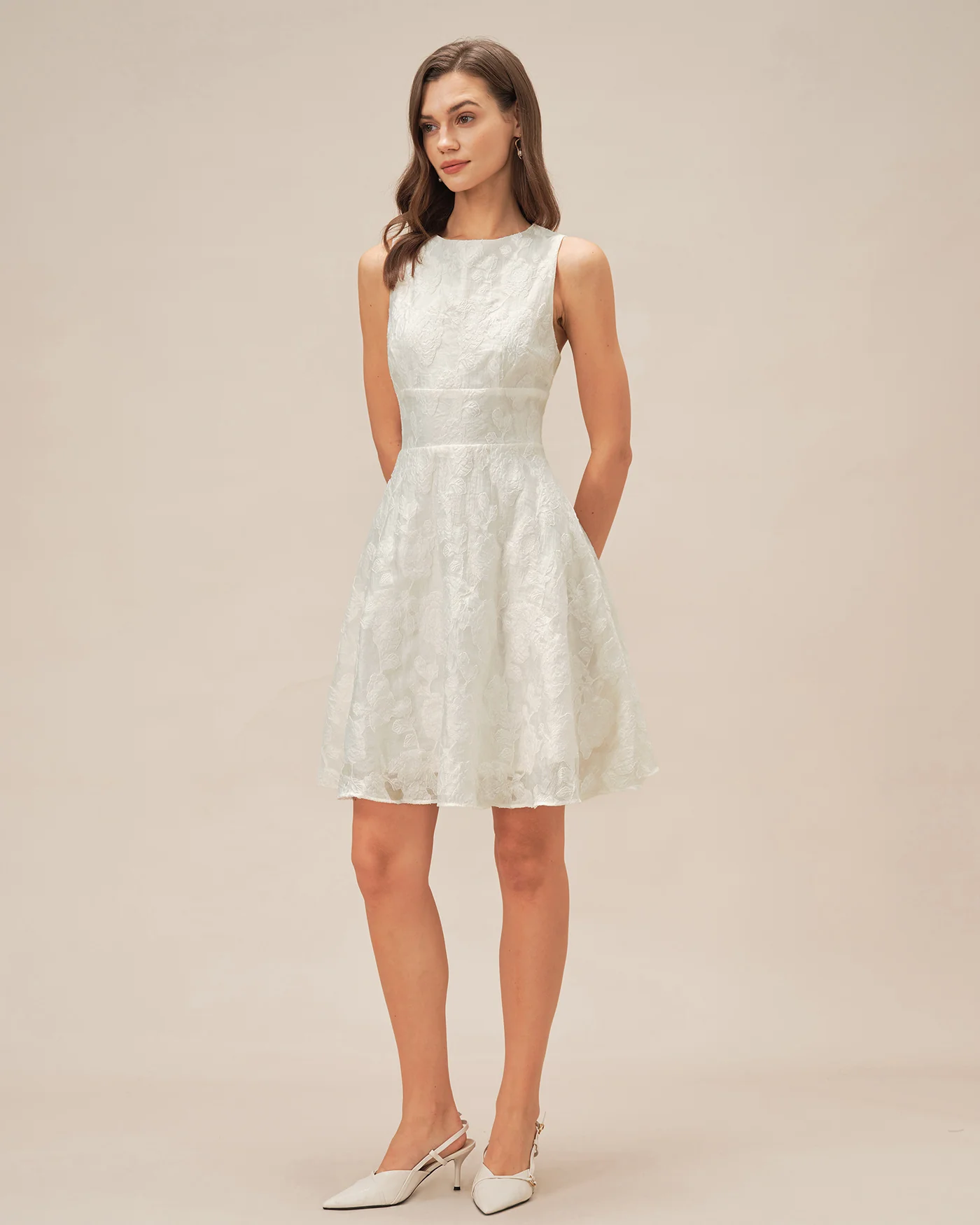 White Round Neck Jacquard Mini Dress - Image 7