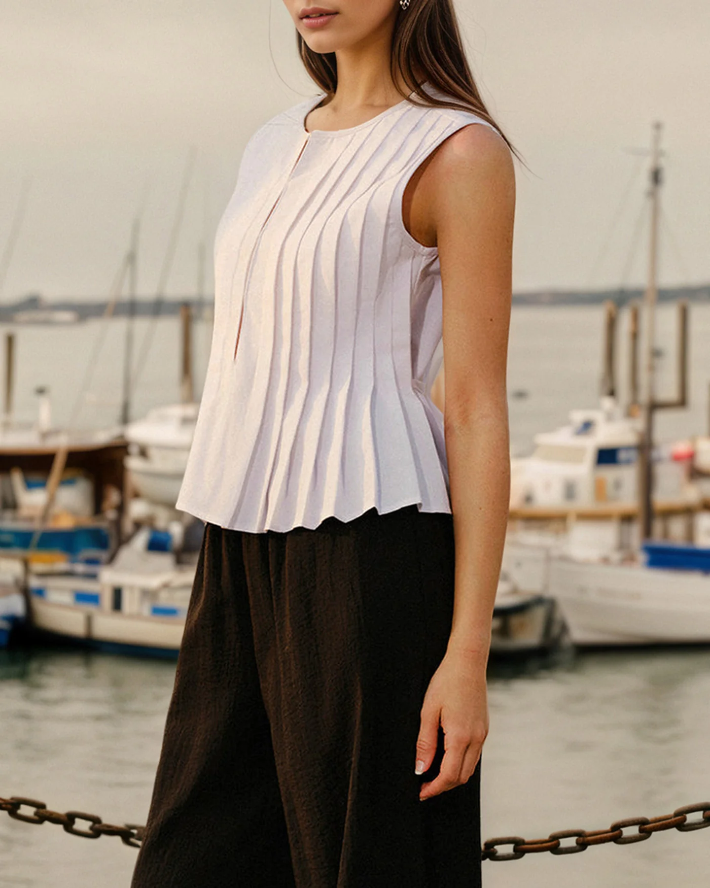 White Round Neck Ruched Tank - Image 2