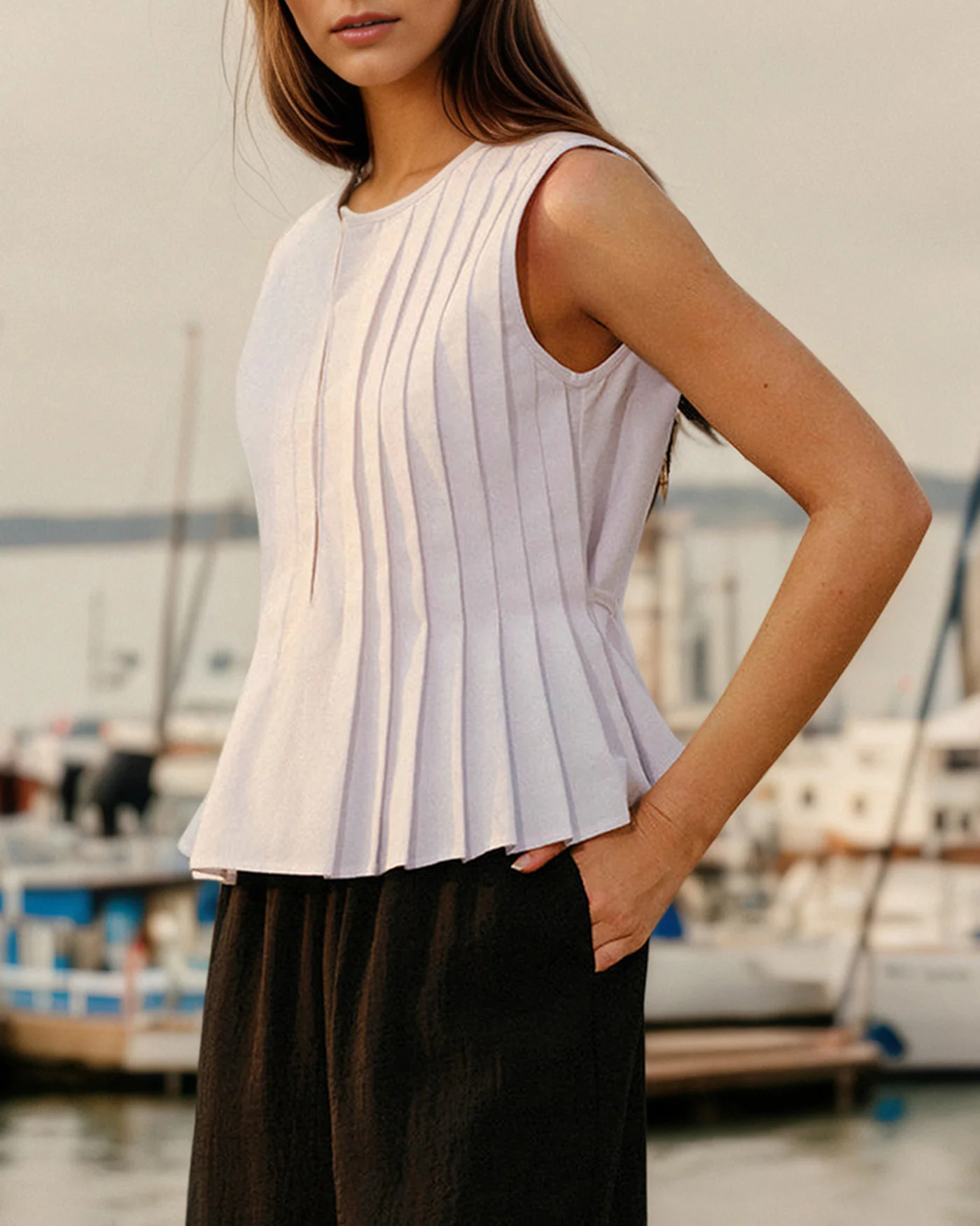 White Round Neck Ruched Tank - Image 3