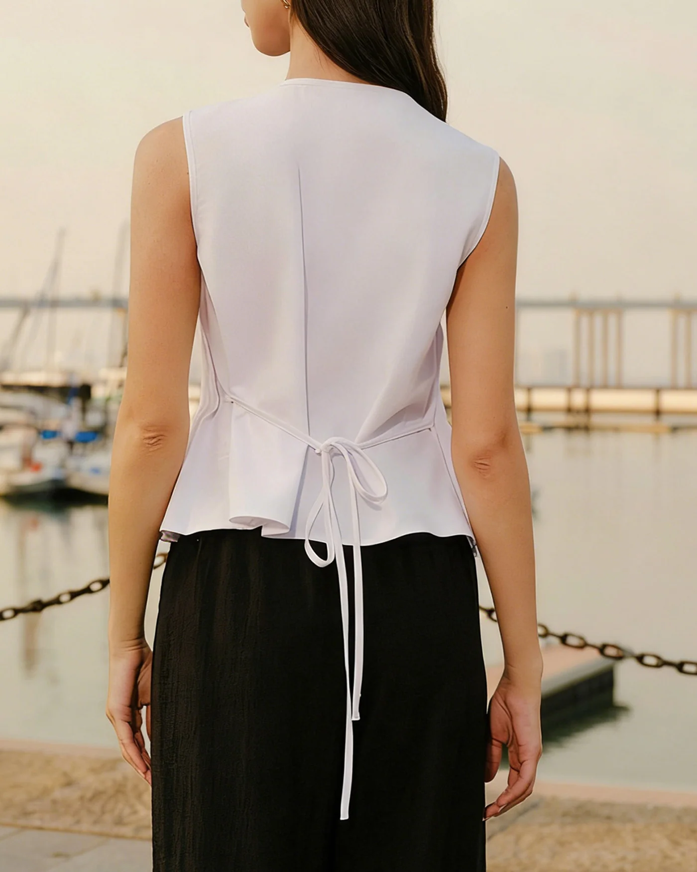 White Round Neck Ruched Tank - Image 4