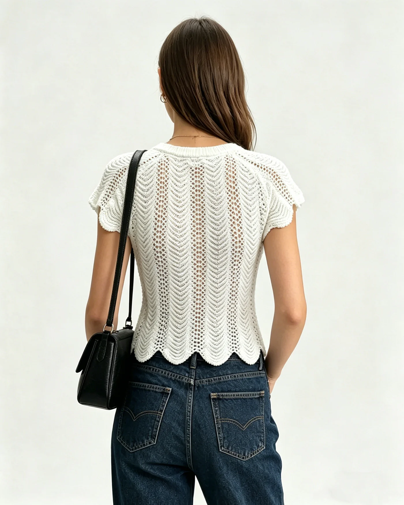 White Round Neck Textured Tee - Image 3