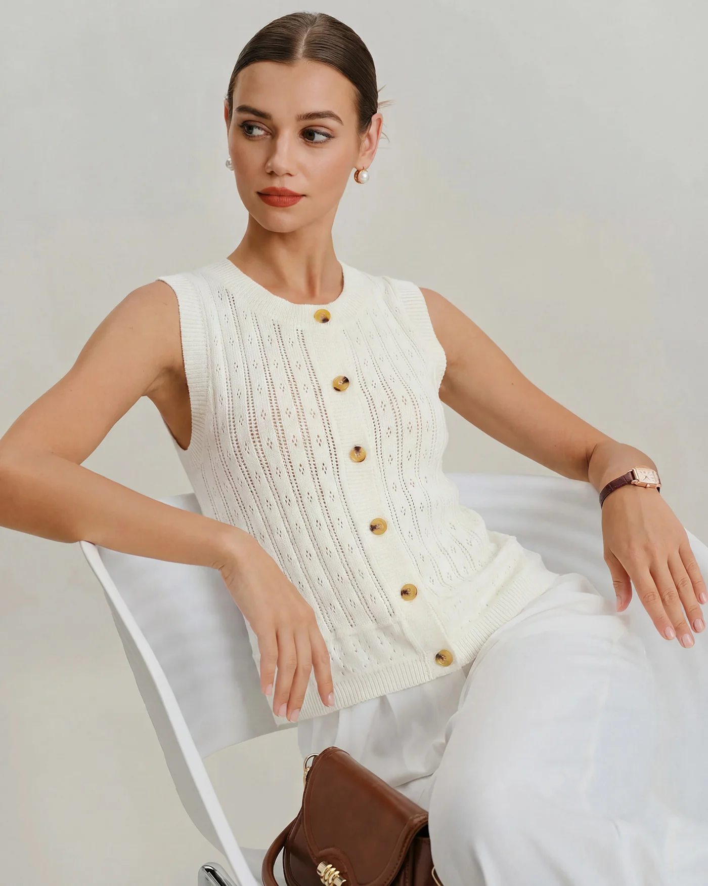White Single Breasted Knit Cardigan - Image 3