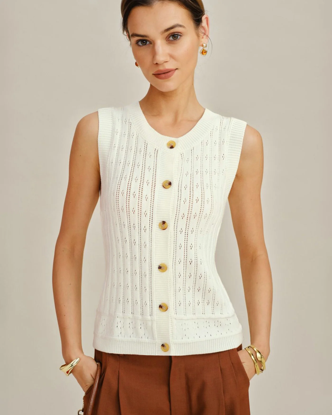 White Single Breasted Knit Cardigan - Image 4