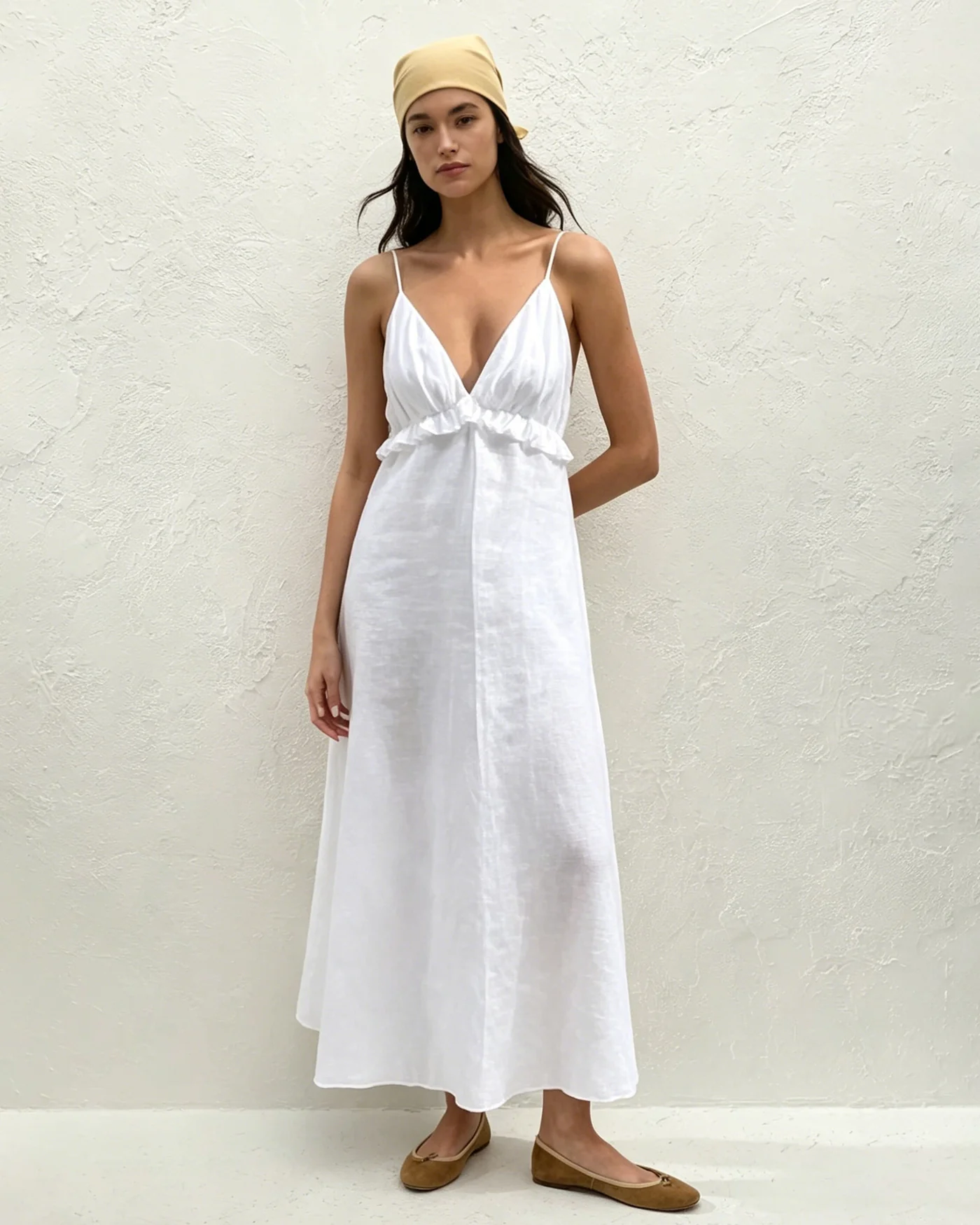 White Solid Ruched Slip Maxi Dress - Image 4