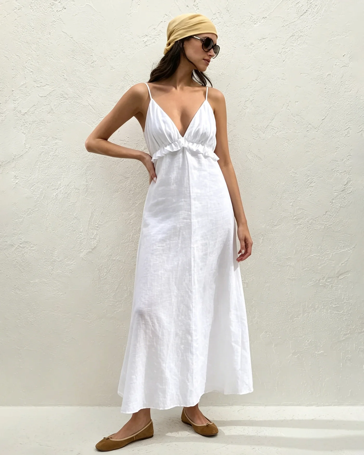 White Solid Ruched Slip Maxi Dress - Image 5