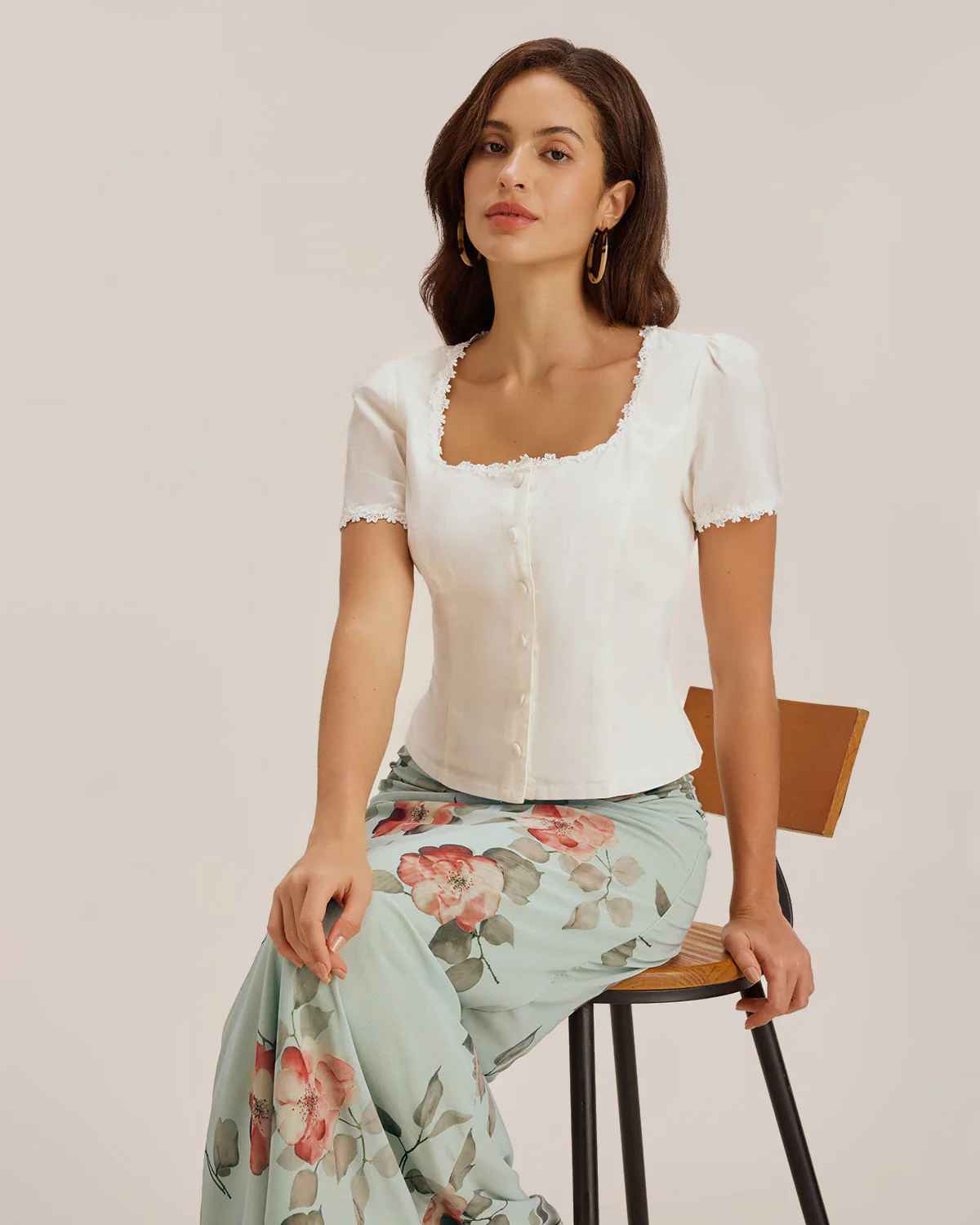 White Square Neck Button Lace Blouse - Image 3