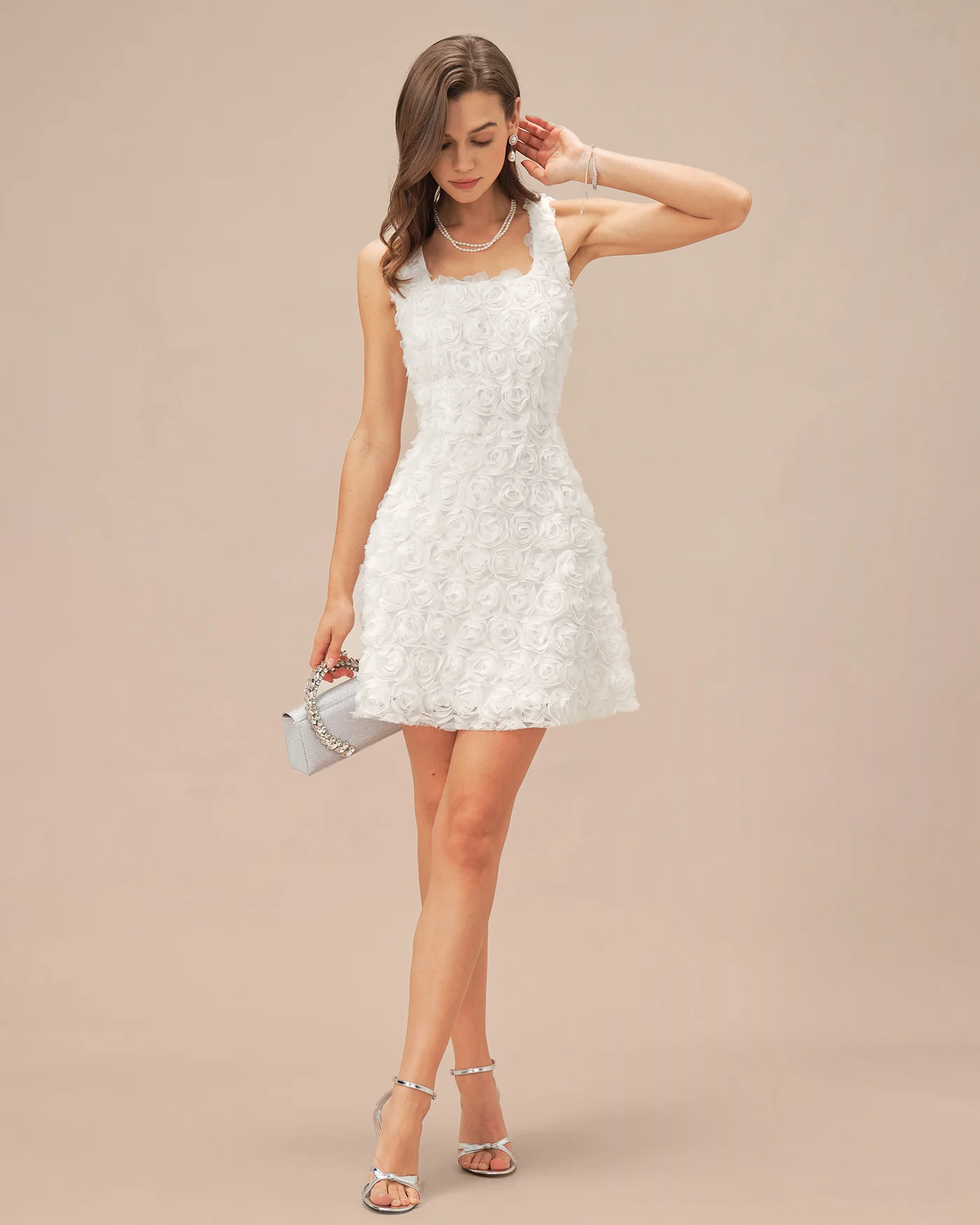 White Square Neck Floral A-Line Mini Dress - Image 4