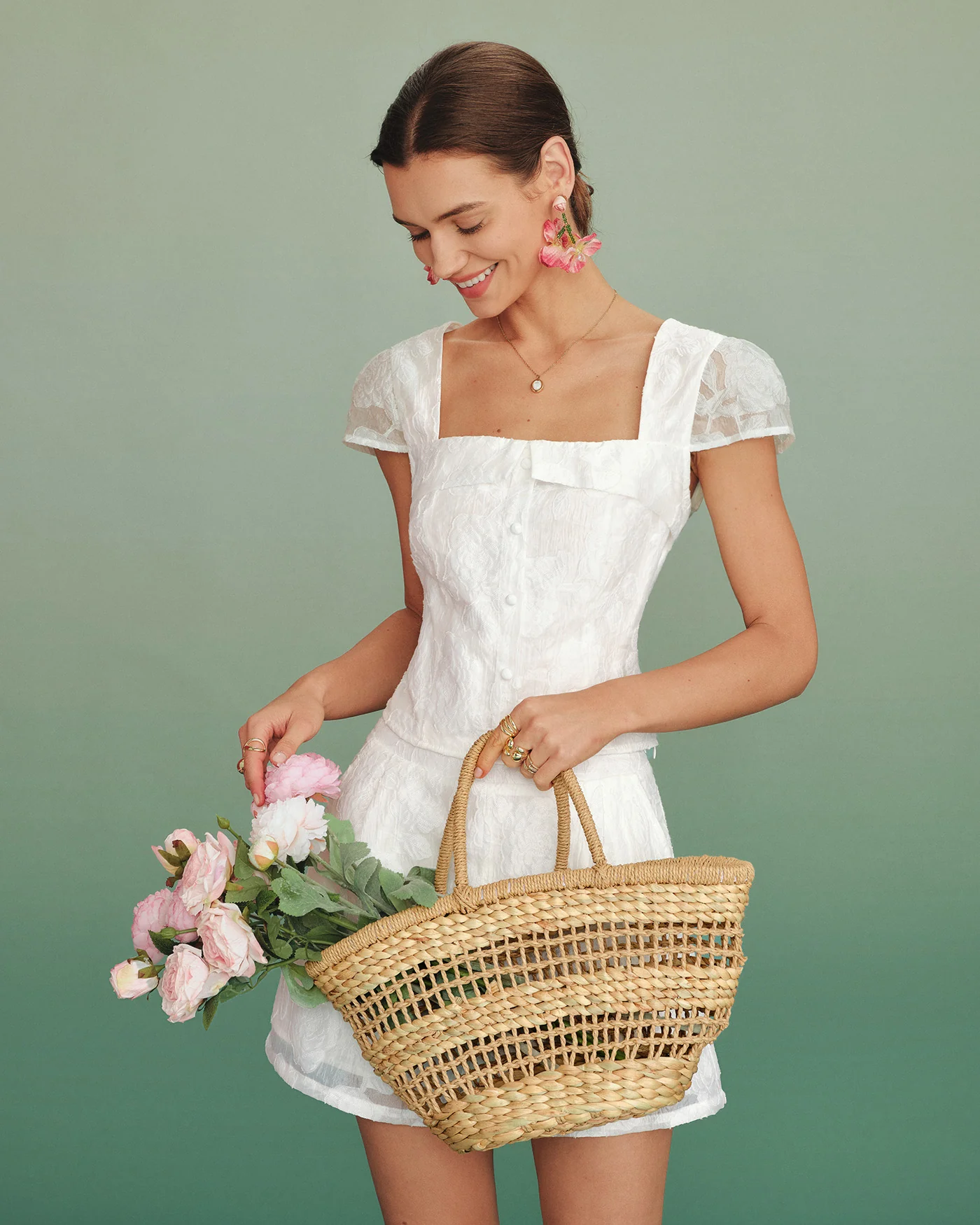 White Square Neck Jacquard Blouse