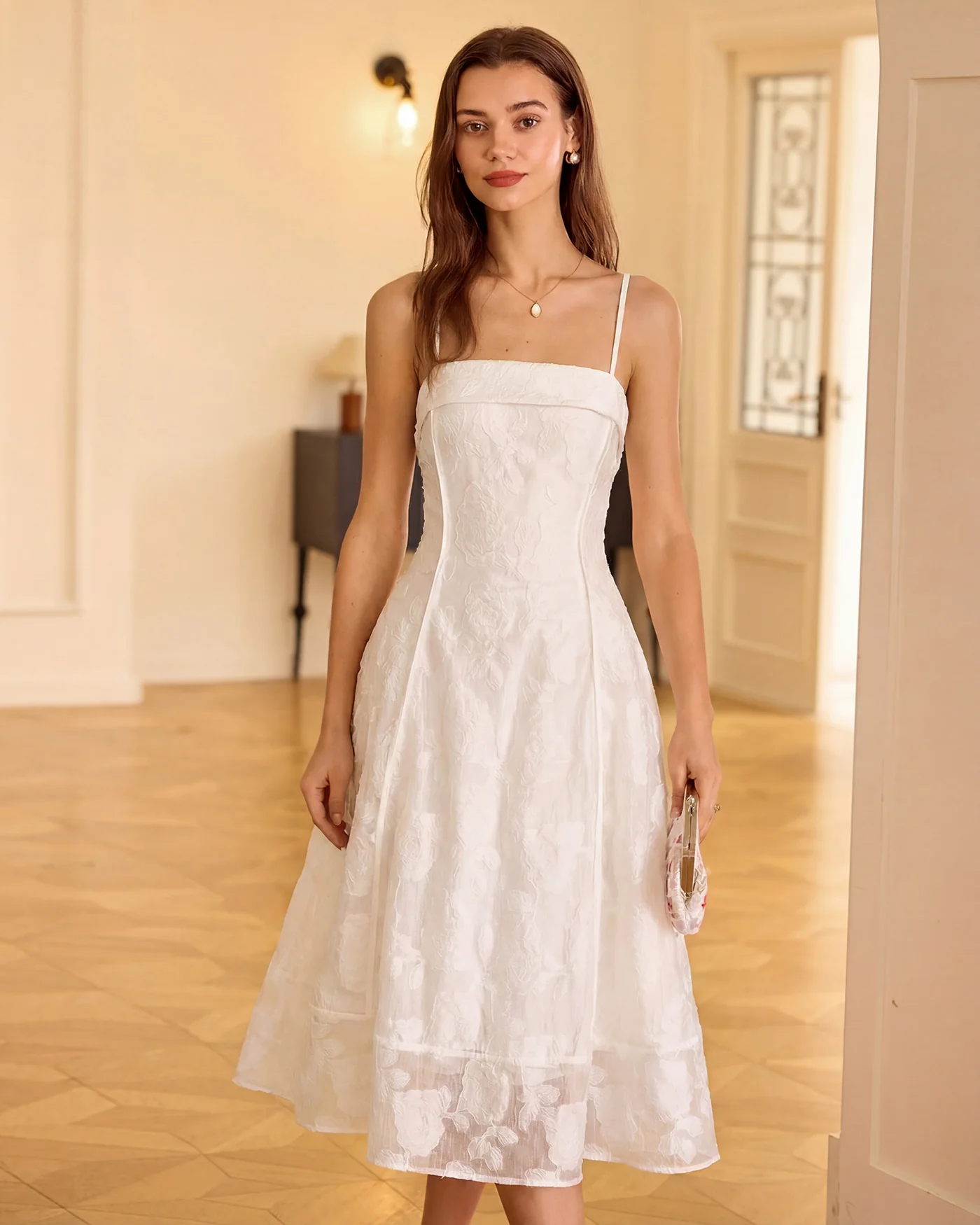 White Square Neck Jacquard Slip Midi Dress - Image 3