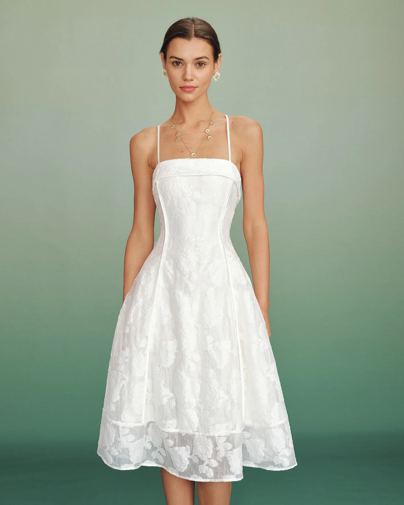 White Square Neck Jacquard Slip Midi Dress - Image 4