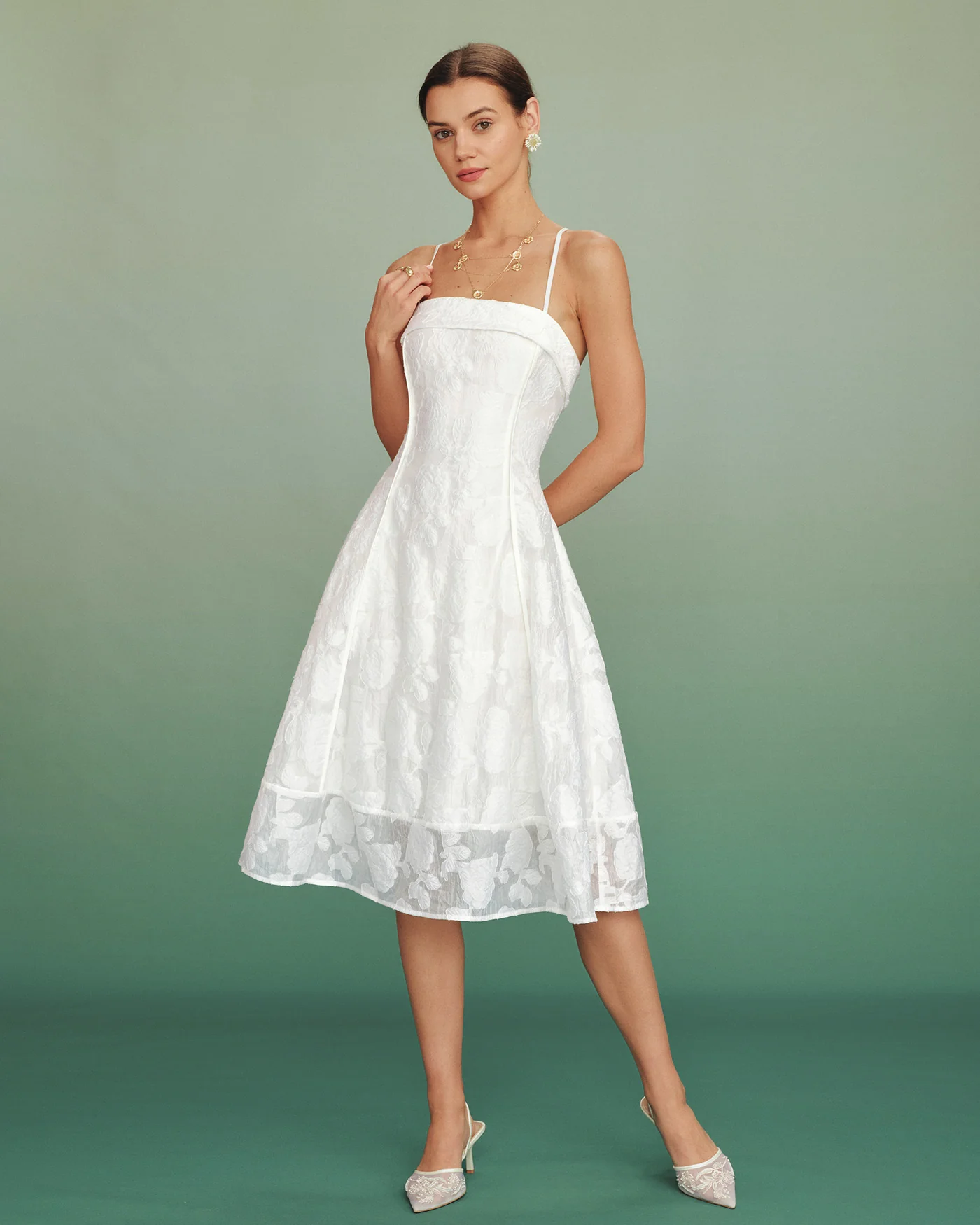 White Square Neck Jacquard Slip Midi Dress - Image 6