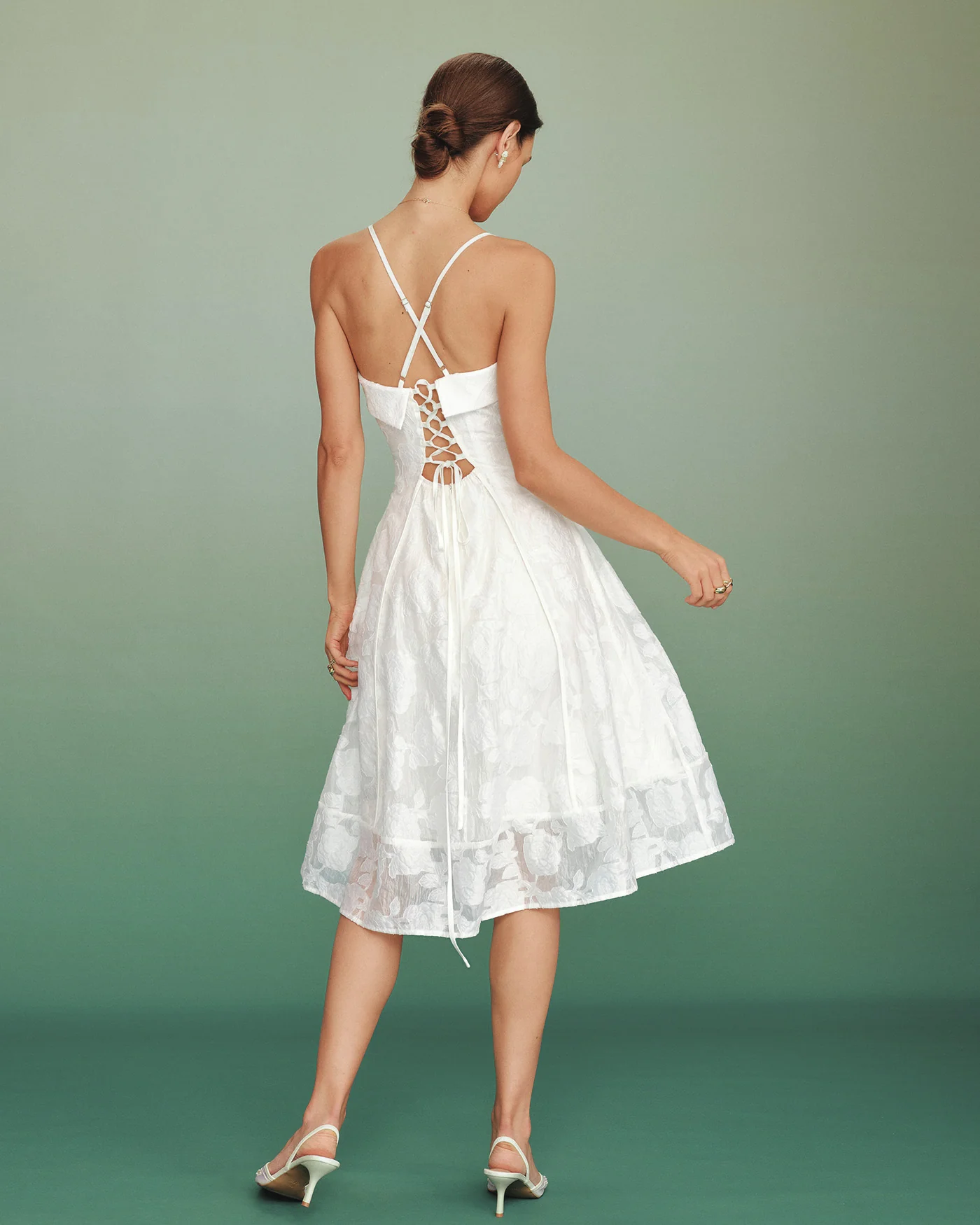White Square Neck Jacquard Slip Midi Dress - Image 7
