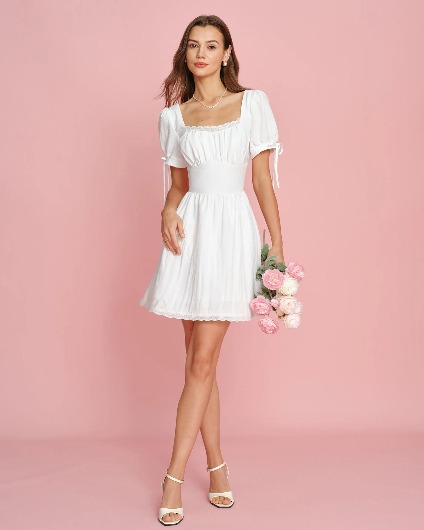 White Square Neck Lace Mini Dress - Image 3