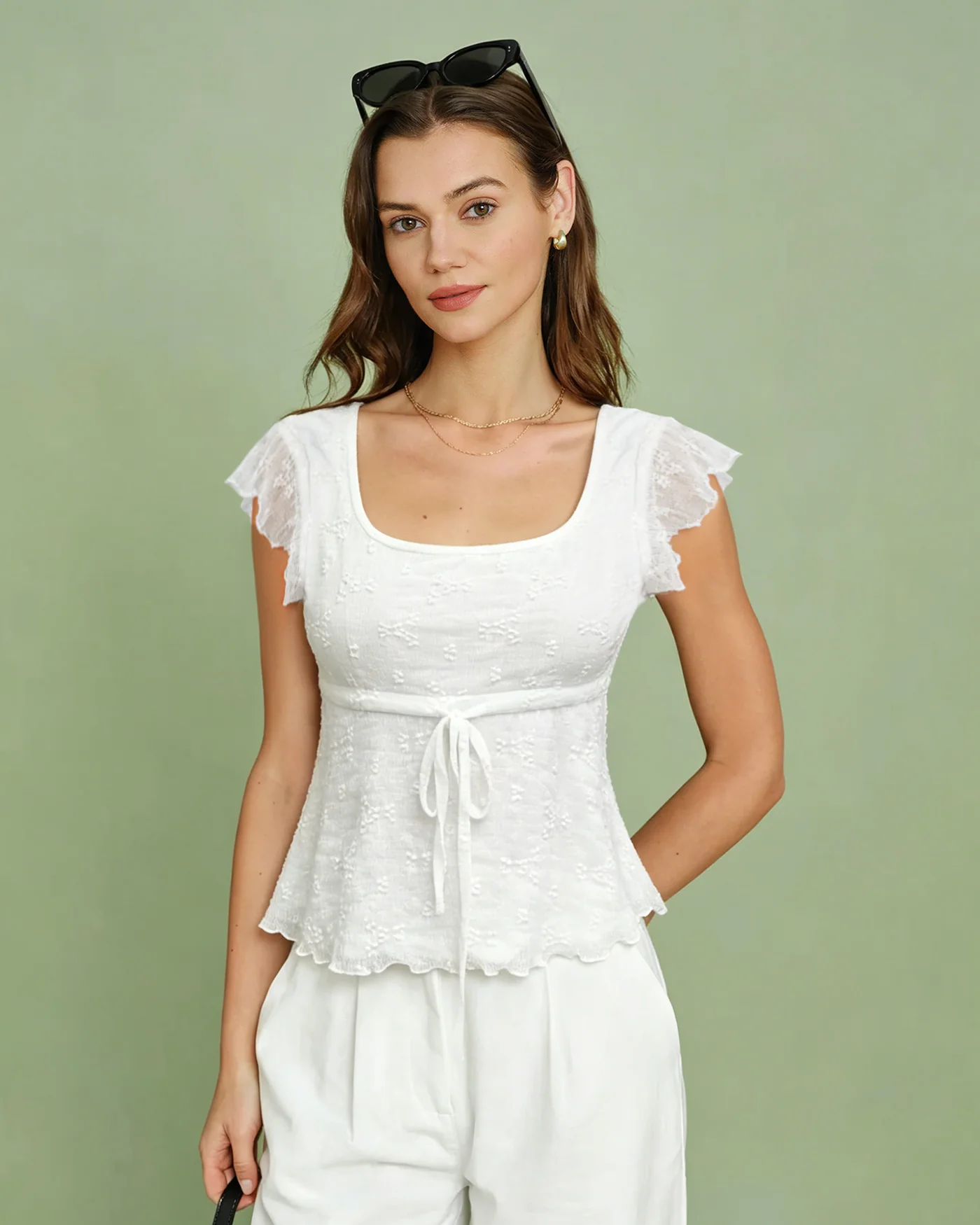 White Square Neck Textured Tee