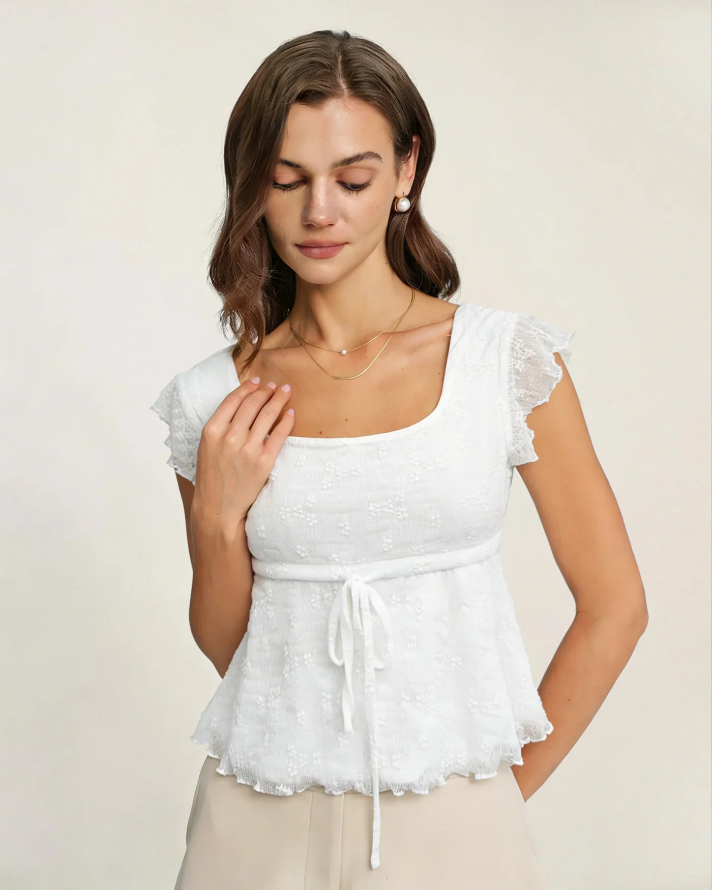 White Square Neck Textured Tee - Image 3
