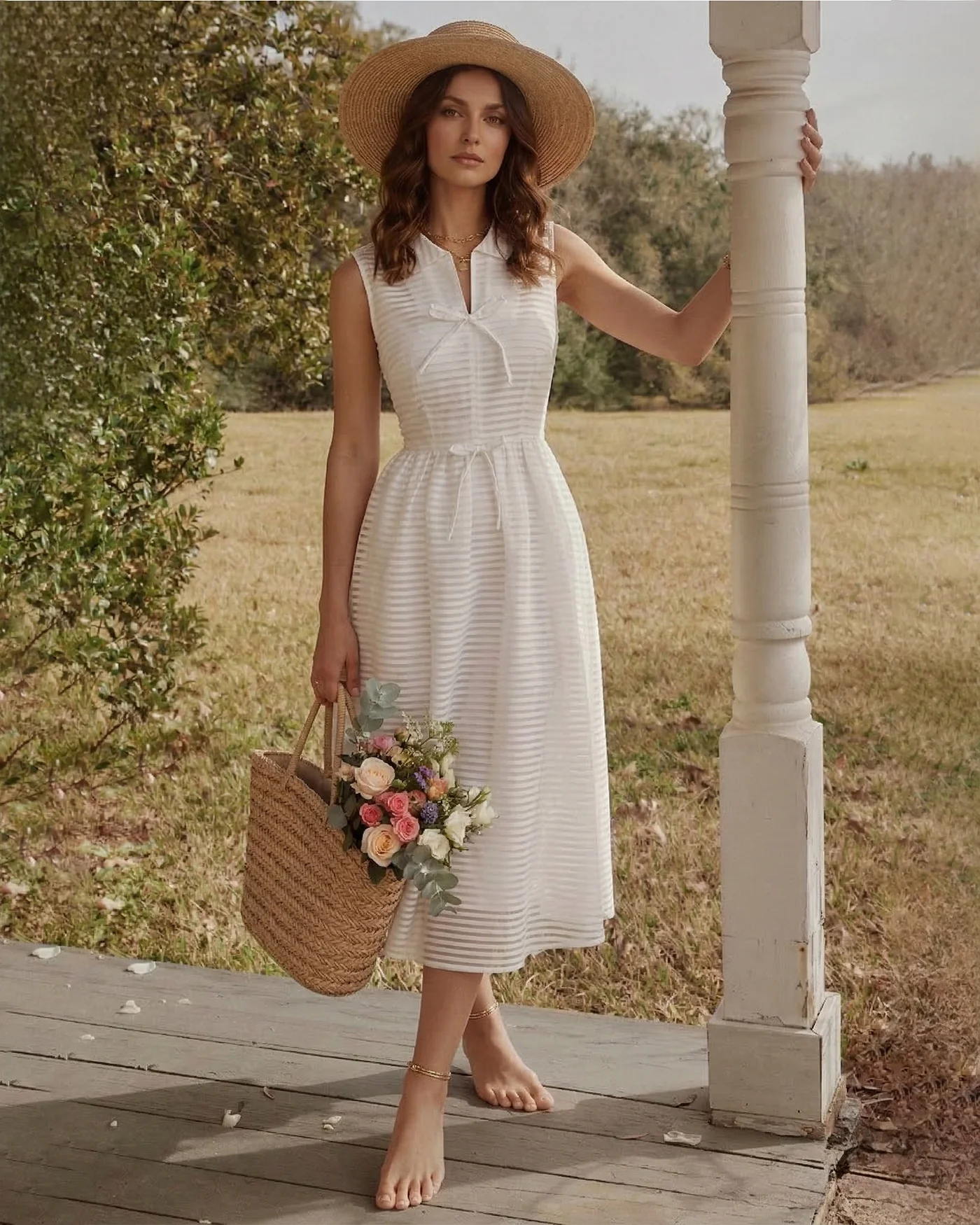 White Striped Sleeveless Midi Dress - Image 2