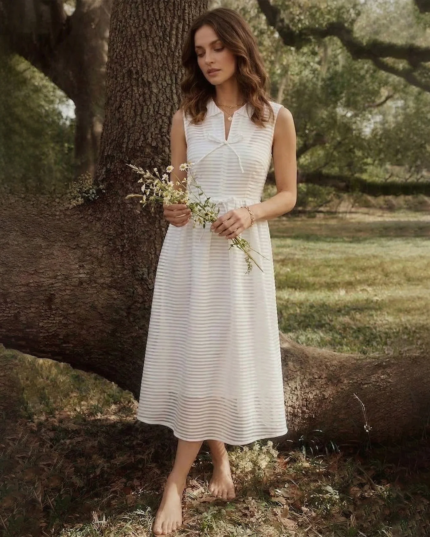 White Striped Sleeveless Midi Dress - Image 3
