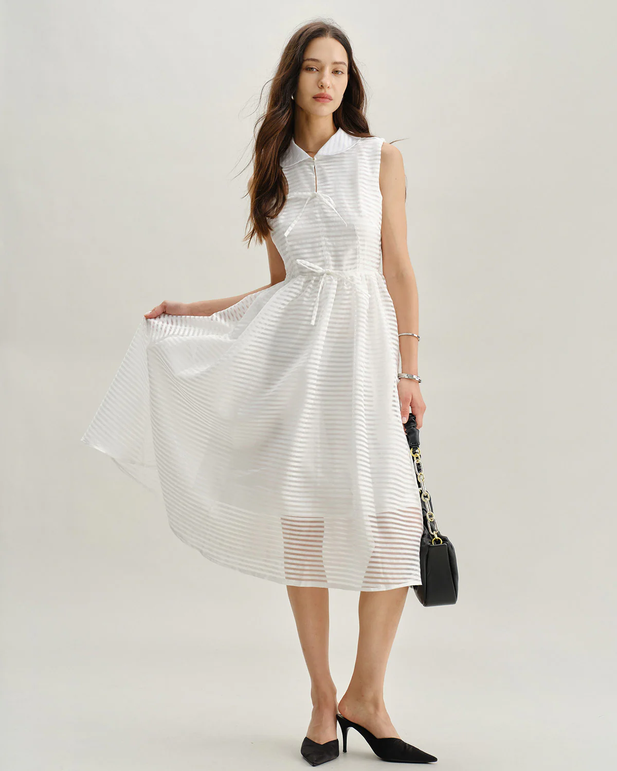 White Striped Sleeveless Midi Dress - Image 7