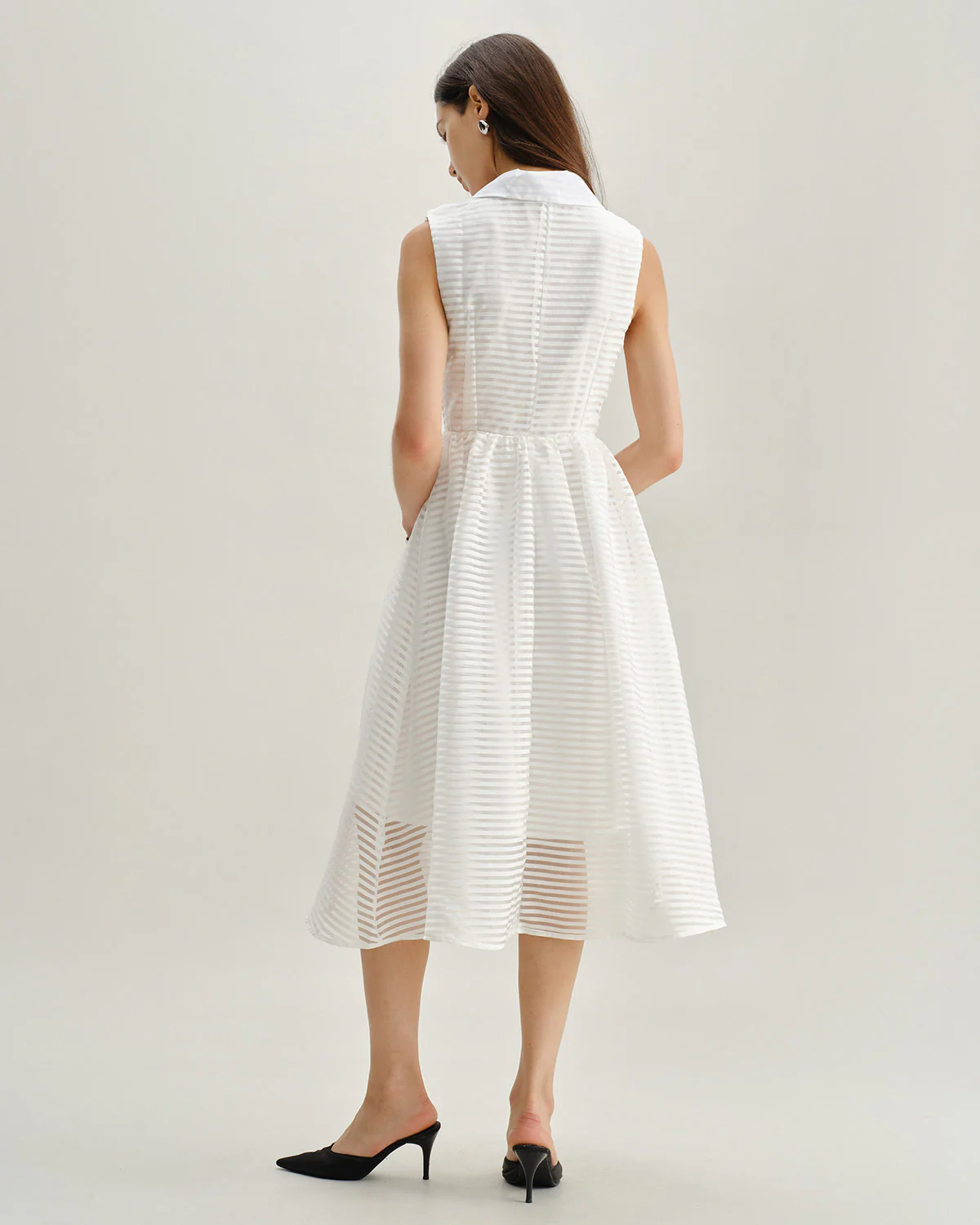 White Striped Sleeveless Midi Dress - Image 9
