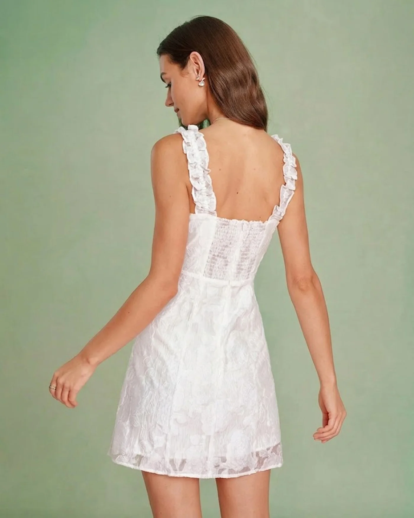 White Sweetheart Neck Jacquard Mini Dress - Image 3