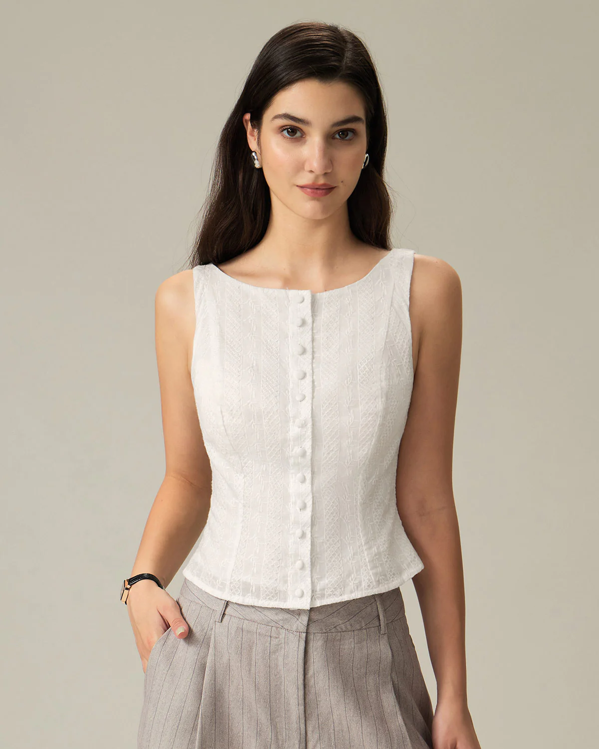White Textured Boat Neck Button Vest - Image 3