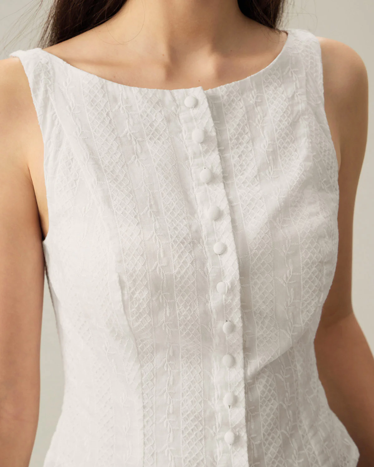 White Textured Boat Neck Button Vest - Image 4