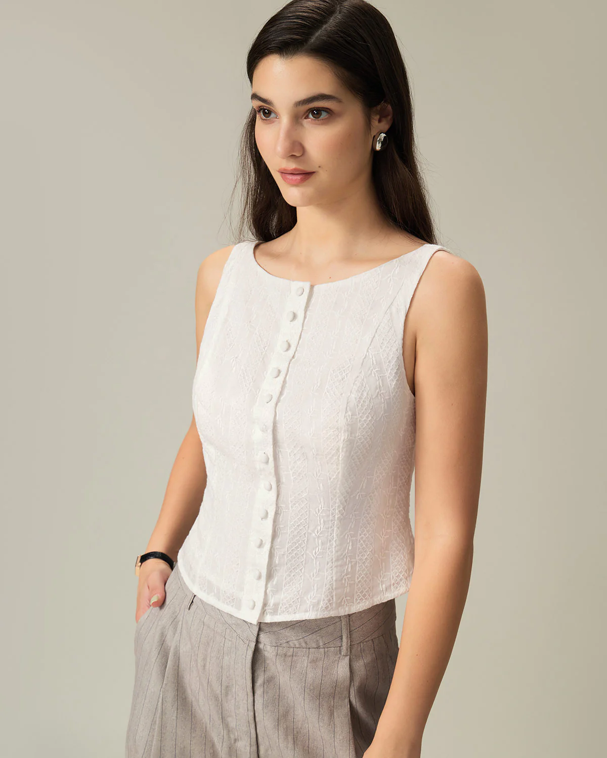 White Textured Boat Neck Button Vest - Image 5