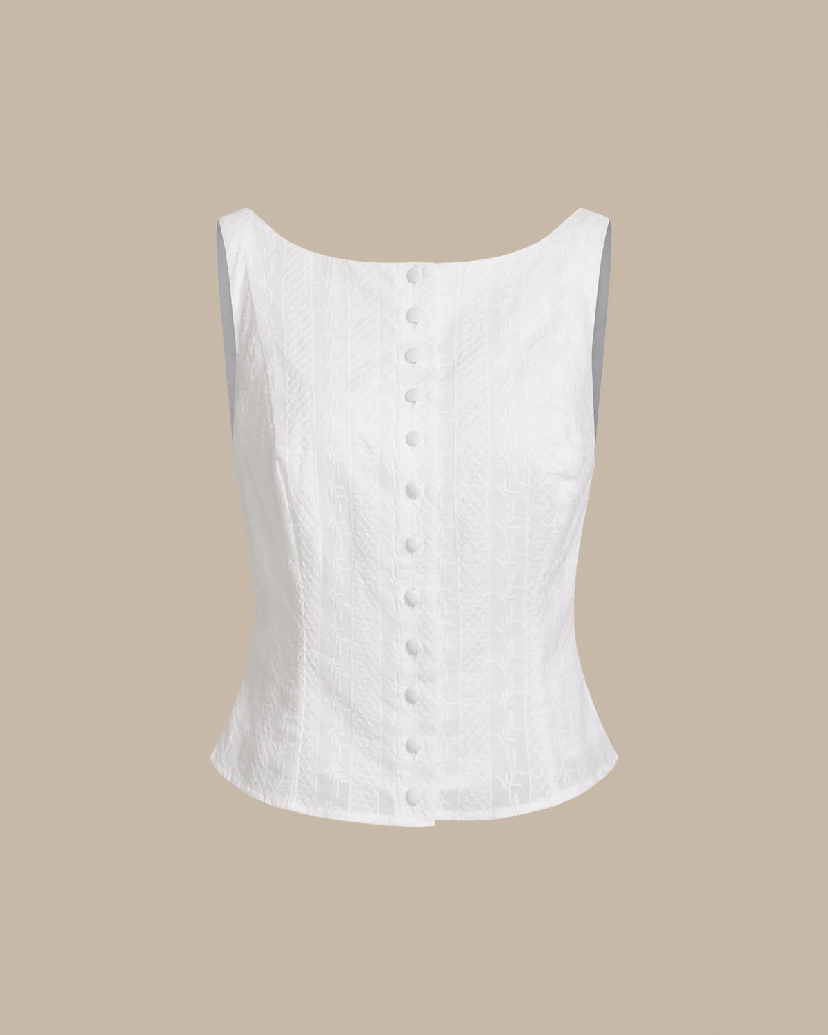 White Textured Boat Neck Button Vest - Image 8