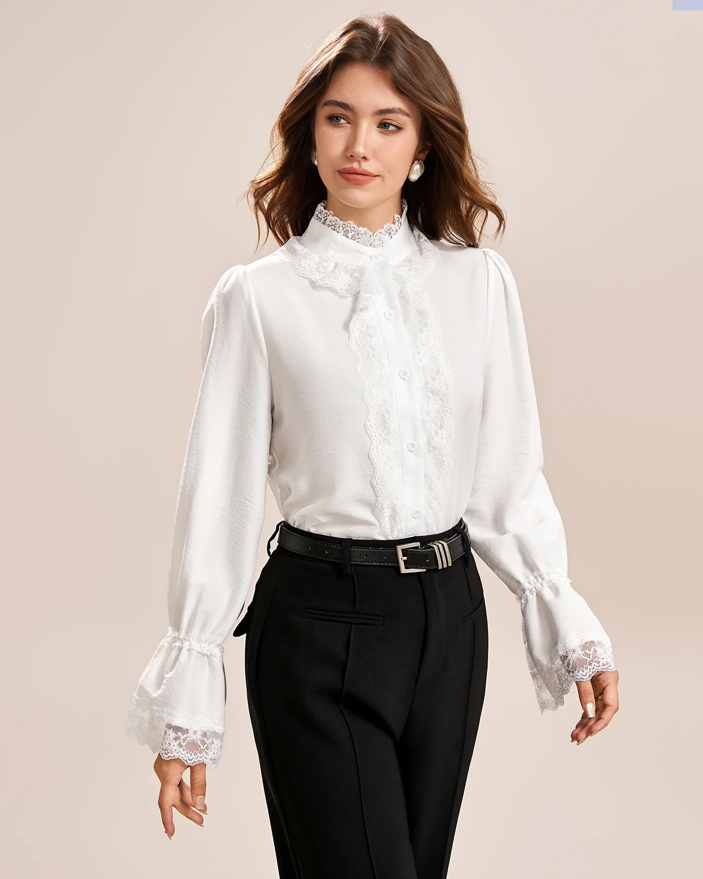 White Turtle Poet Sleeve Lace Shirt - Image 4