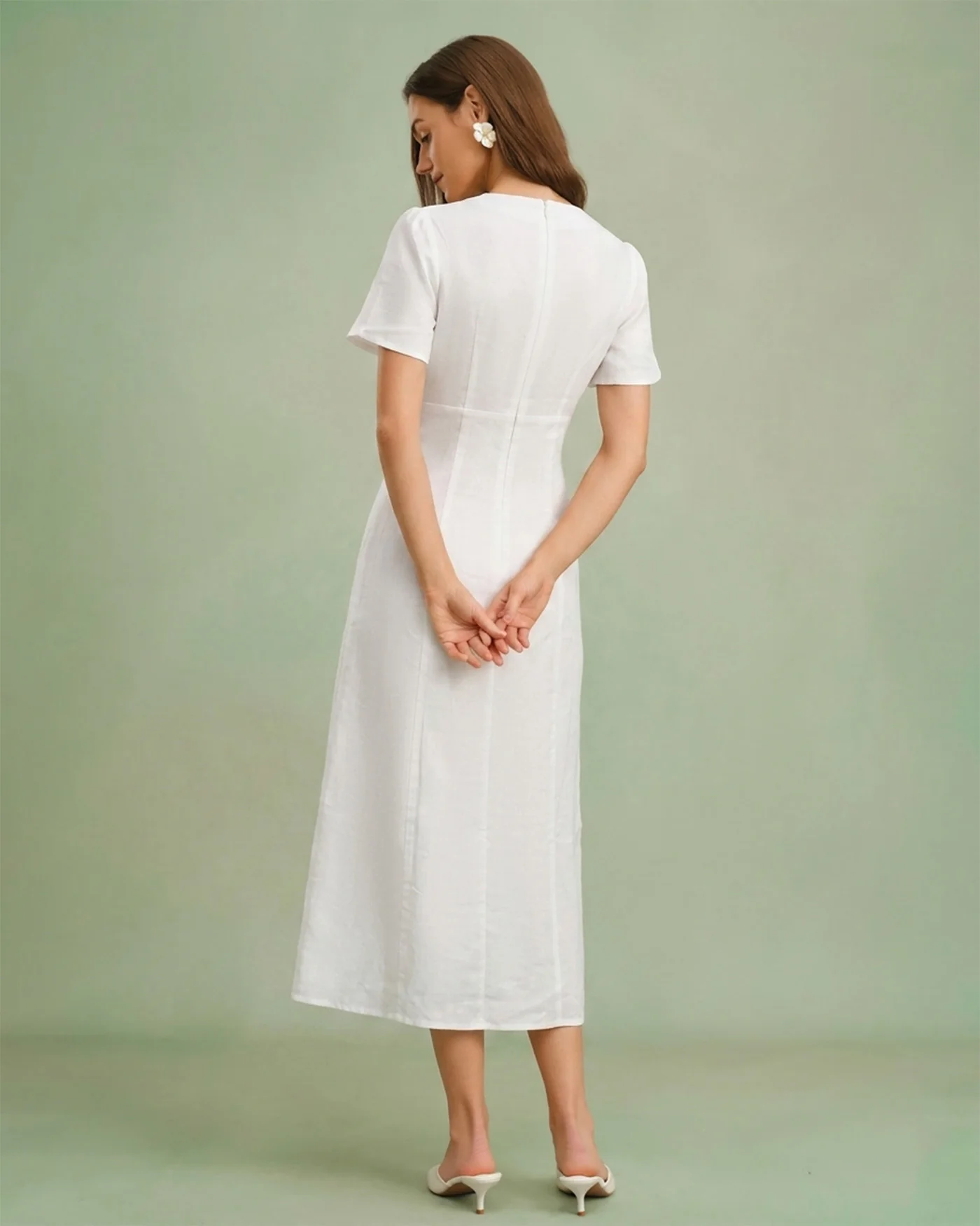 White V Neck A-Line Button Midi Dress - Image 3