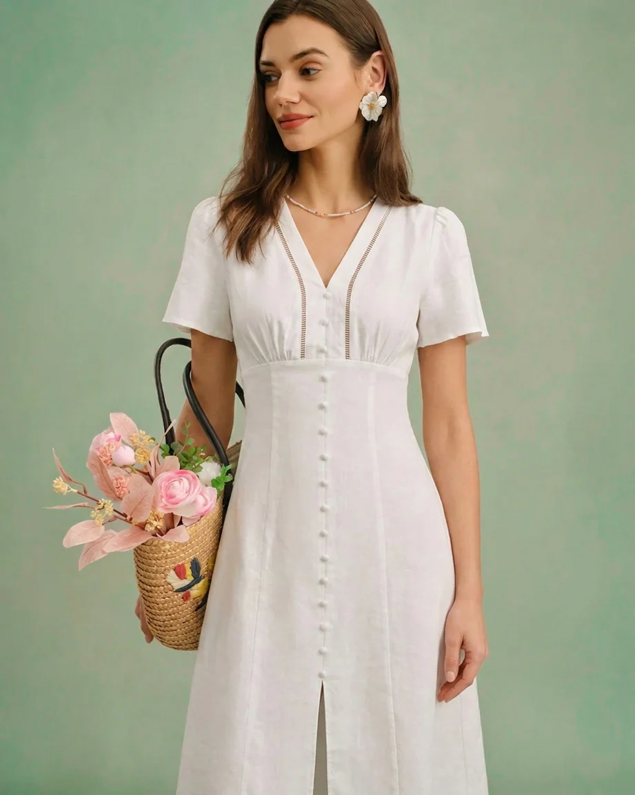 White V Neck A-Line Button Midi Dress - Image 4