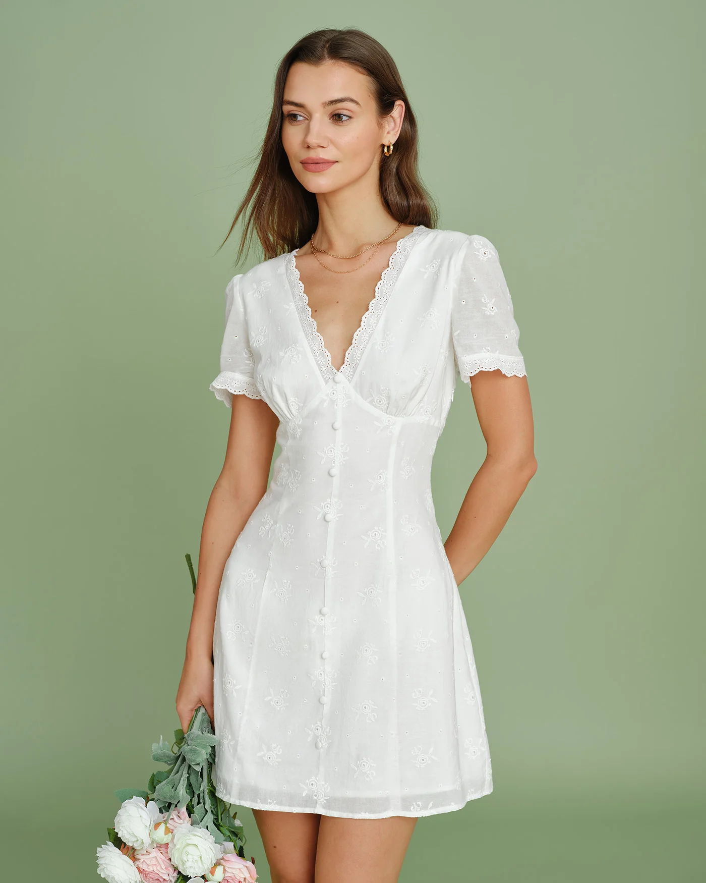 White V Neck Embroidery Lace Mini Dress - Image 3