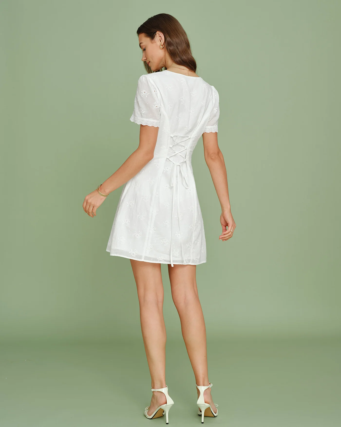 White V Neck Embroidery Lace Mini Dress - Image 5
