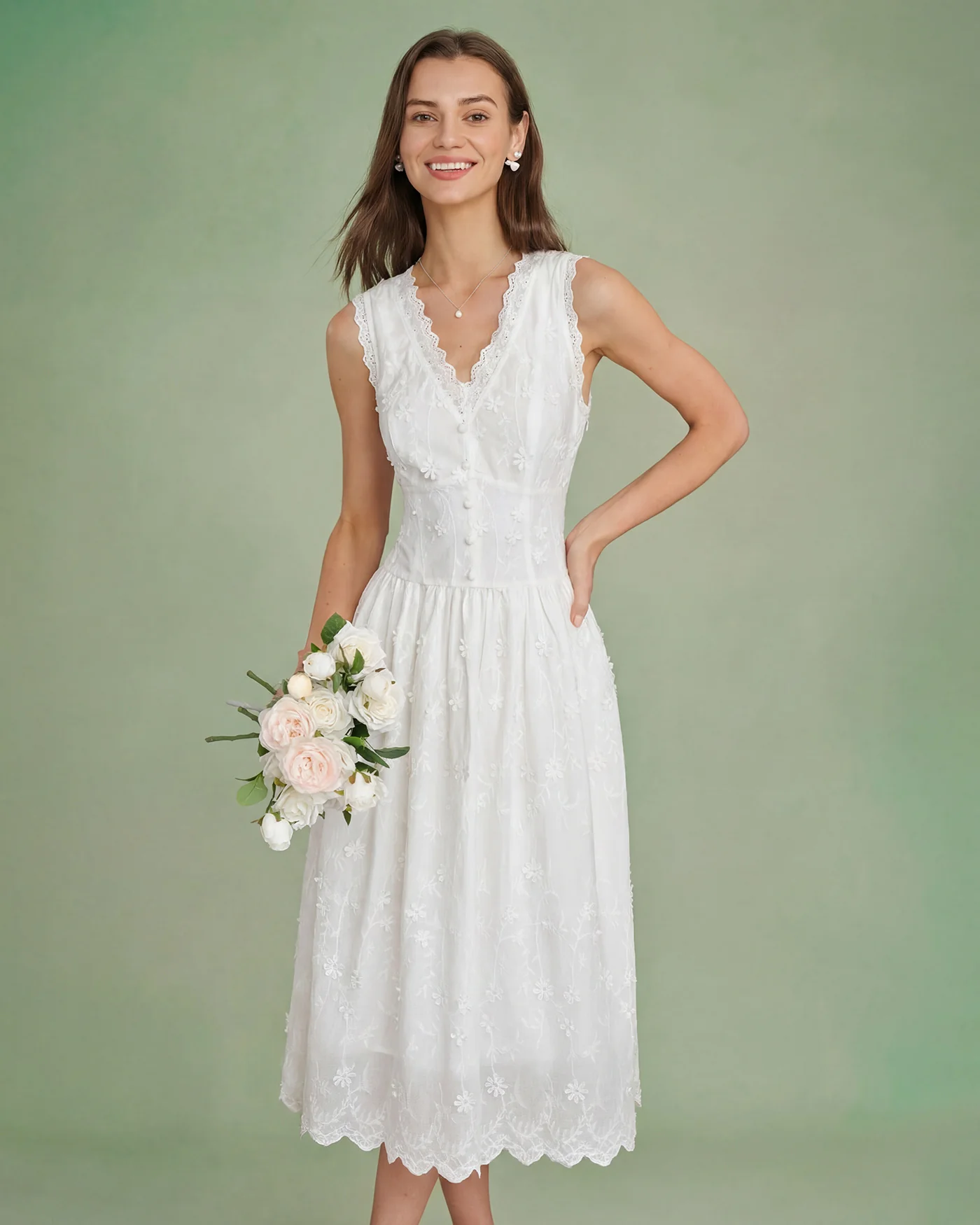 White V Neck Embroidery Midi Dress - Image 3