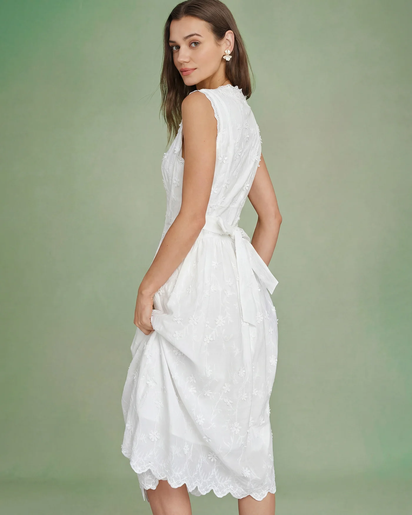 White V Neck Embroidery Midi Dress - Image 4
