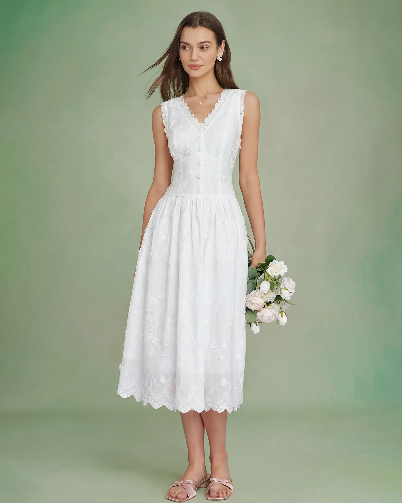 White V Neck Embroidery Midi Dress - Image 5