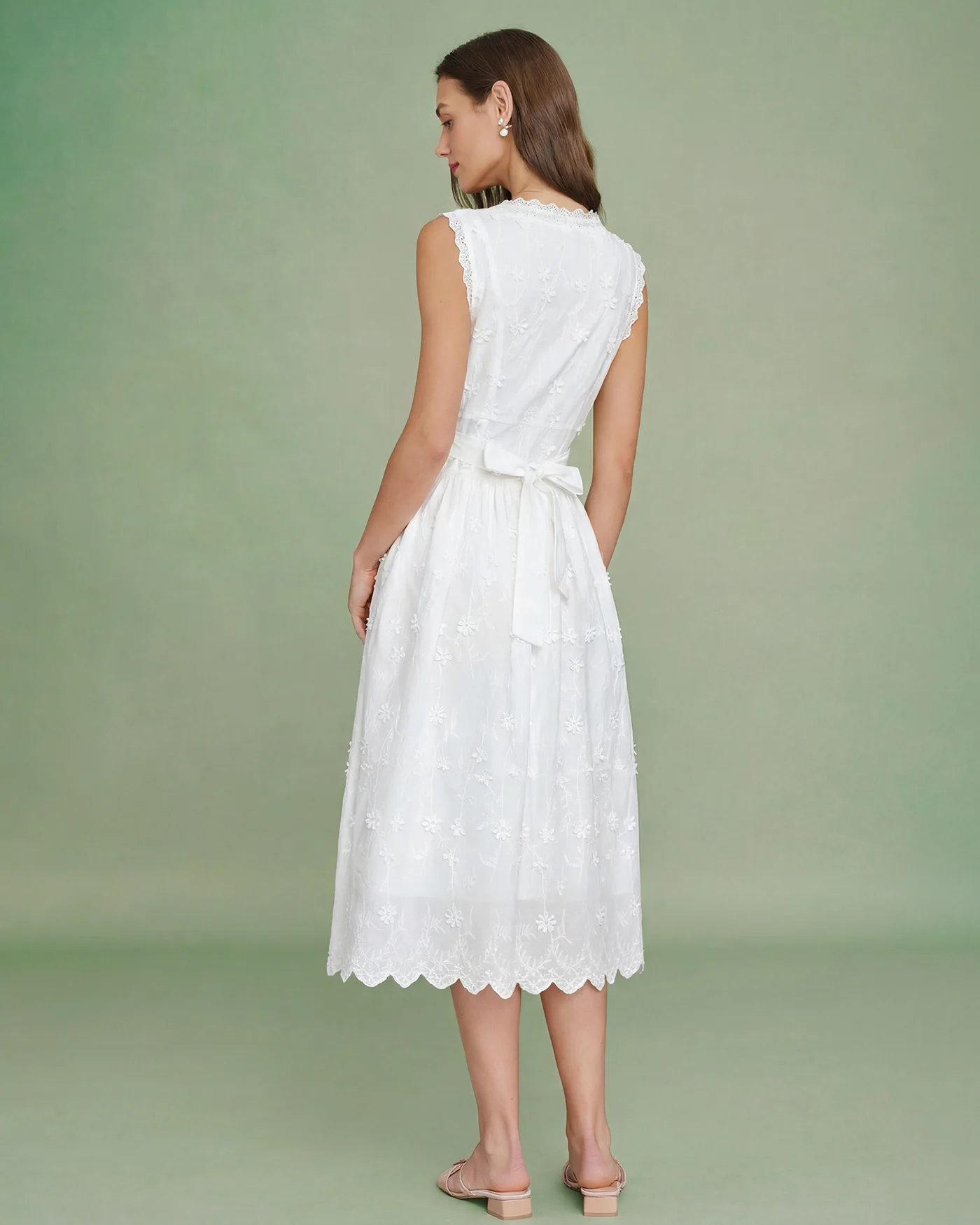 White V Neck Embroidery Midi Dress - Image 6