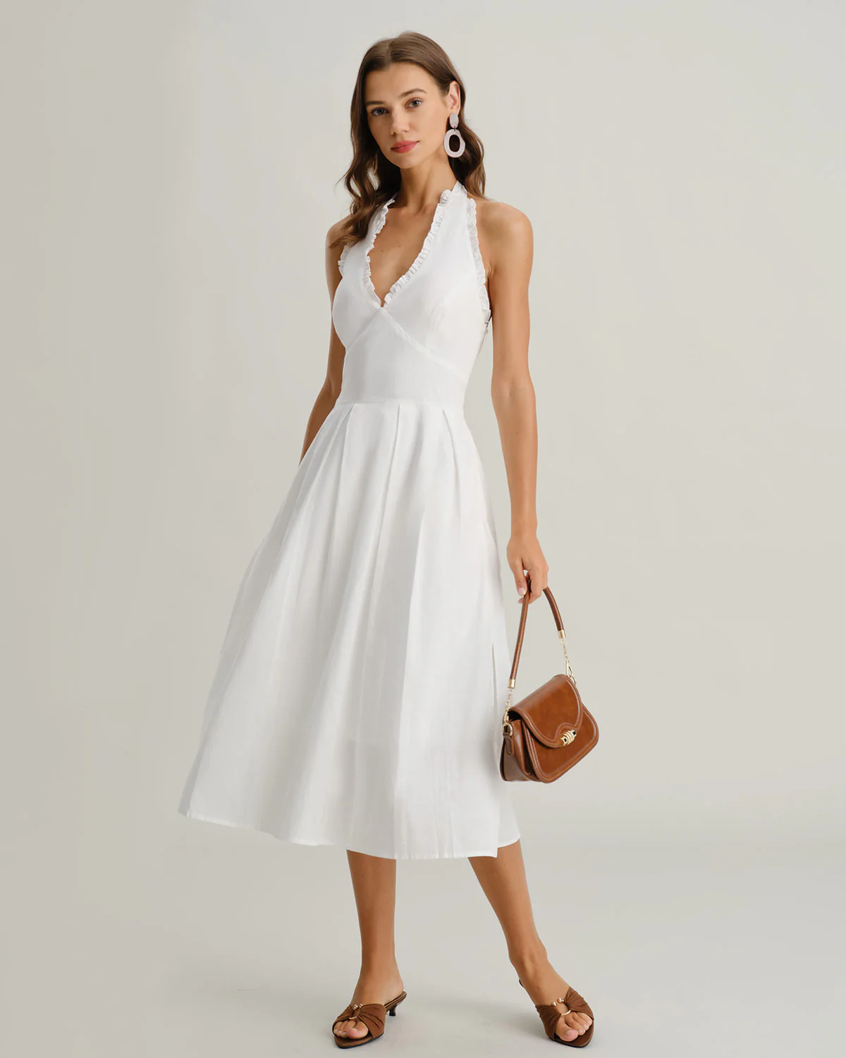 White V Neck Halter Sleeveless Midi Dress - Image 3