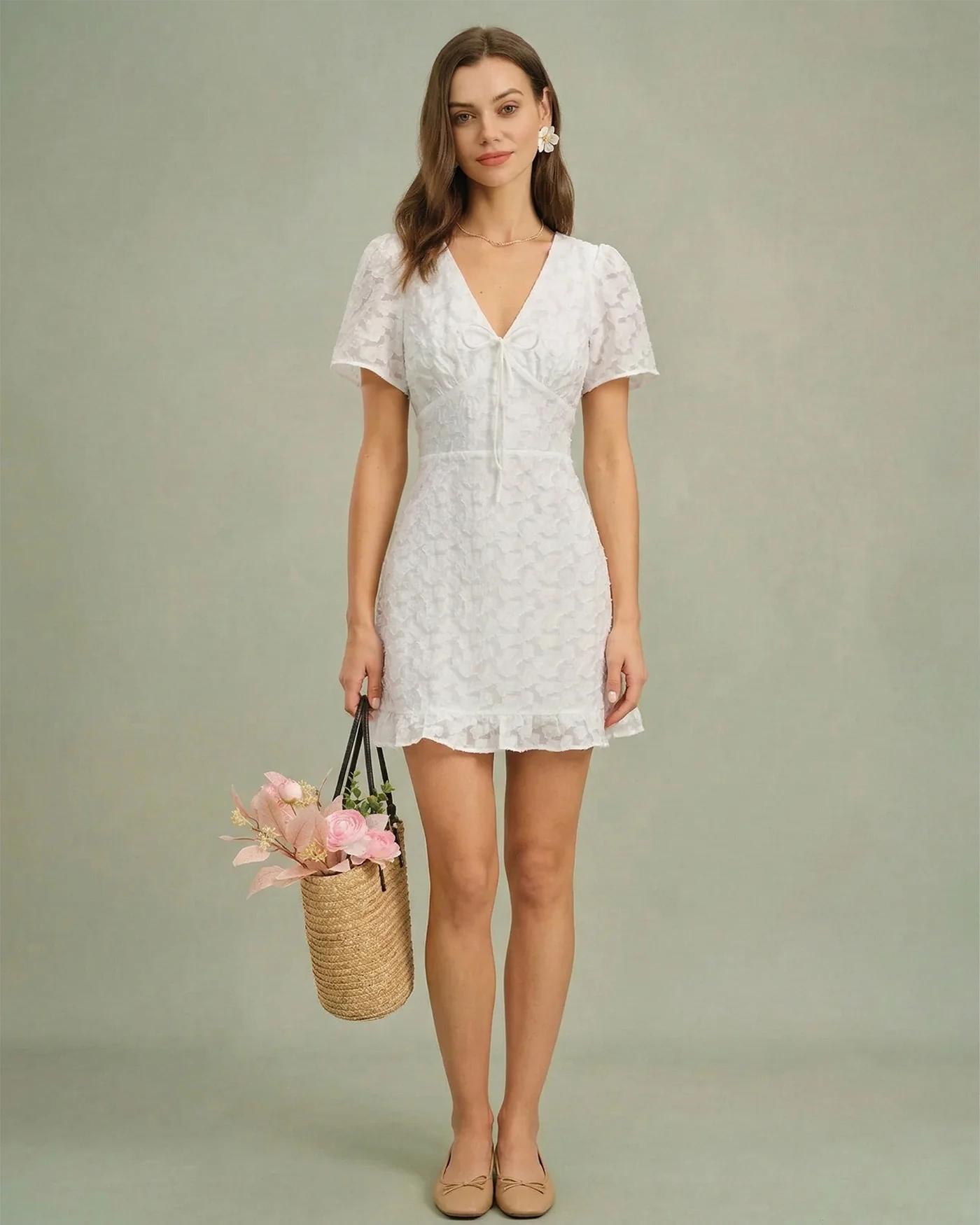 White V Neck Jacquard Mini Dress - Image 2