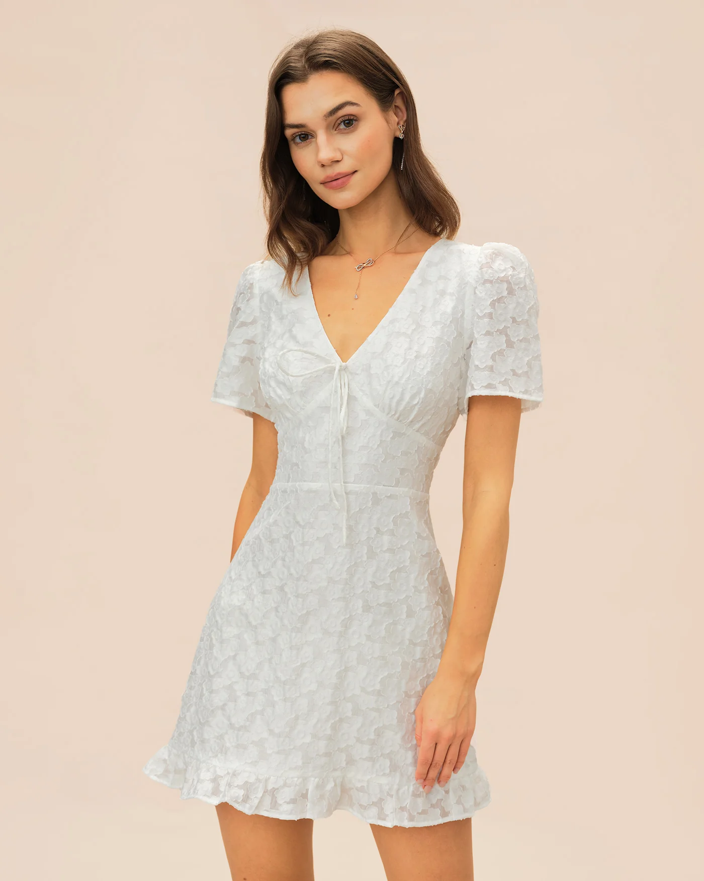 White V Neck Jacquard Mini Dress - Image 5
