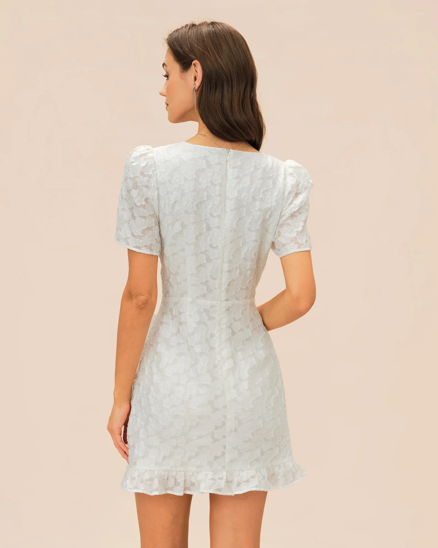 White V Neck Jacquard Mini Dress - Image 6
